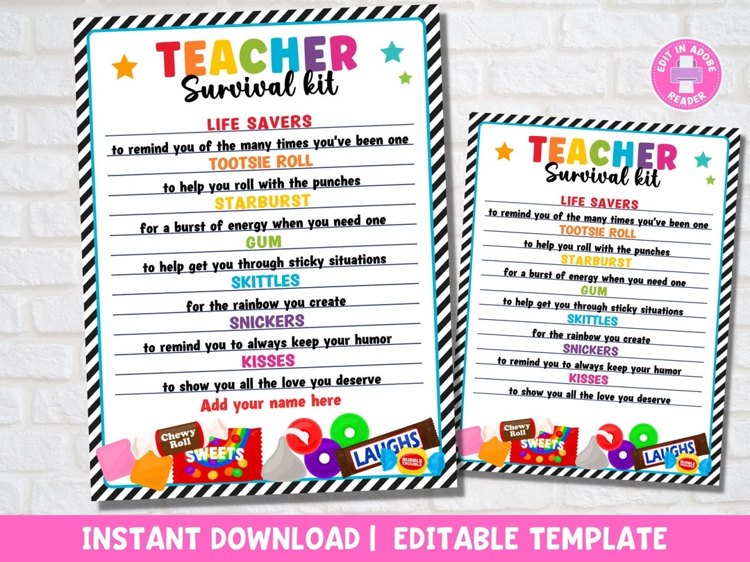 Teacher Survival Kit Printable Gift Tag For School Year End And Beginning Instant Download Etsy