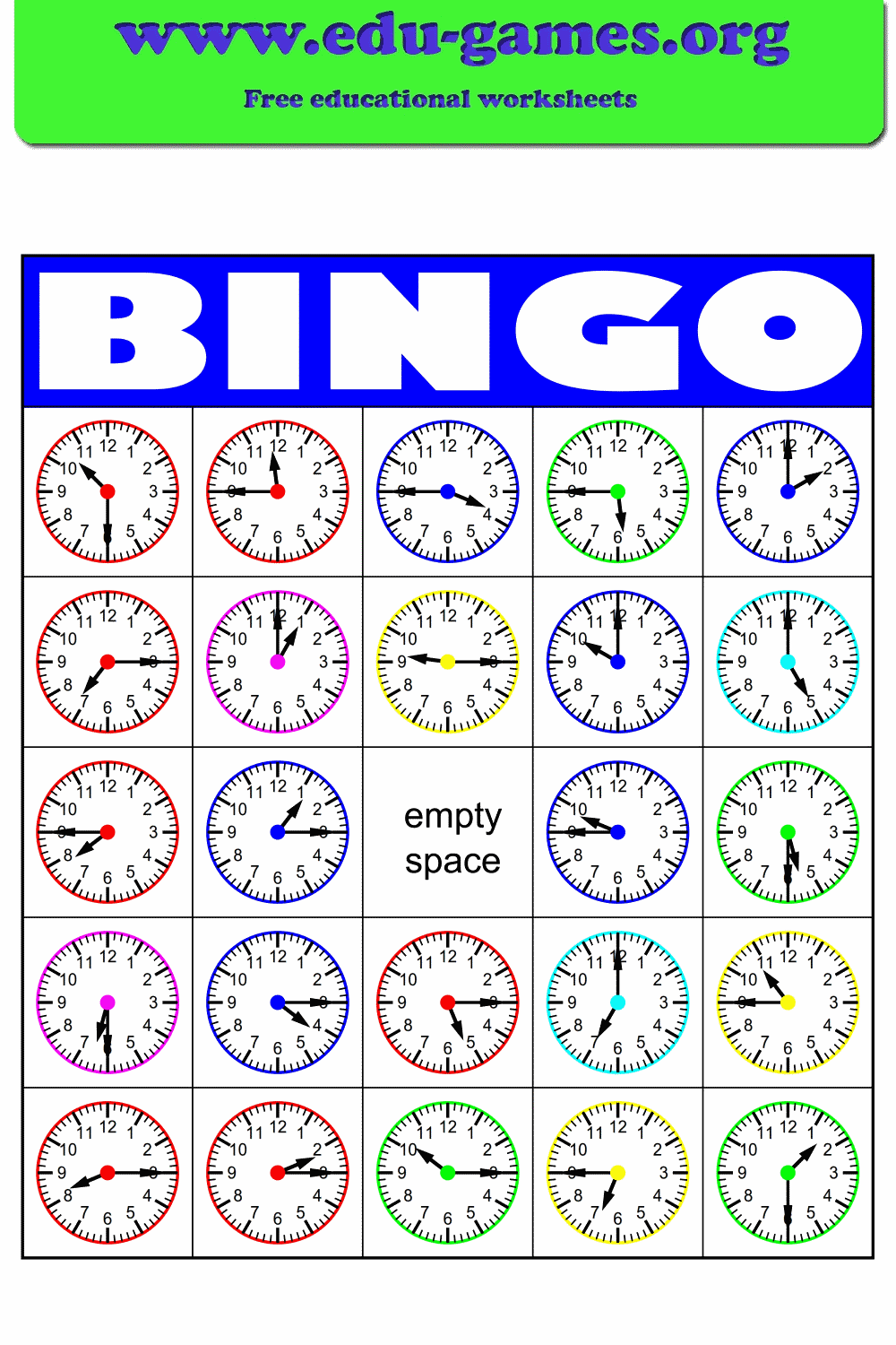 Telling Time Bingo Card Generator Edu Games