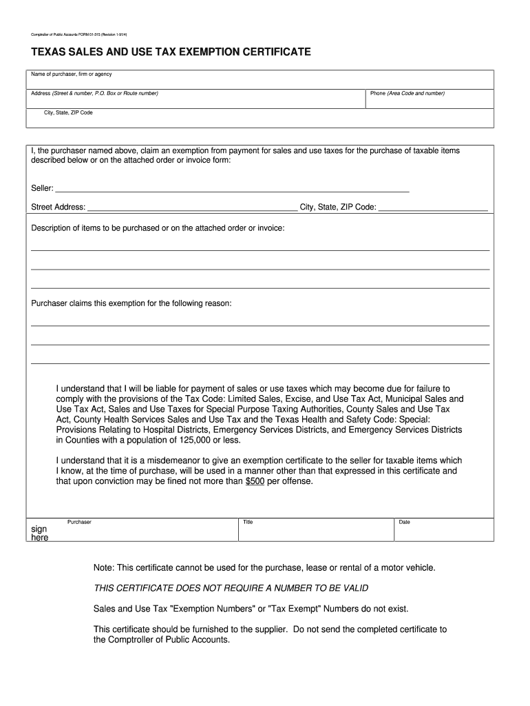 Texas 01 315 Sales Tax Exemption Certificate Search Fill Online Printable Fillable Blank PdfFiller