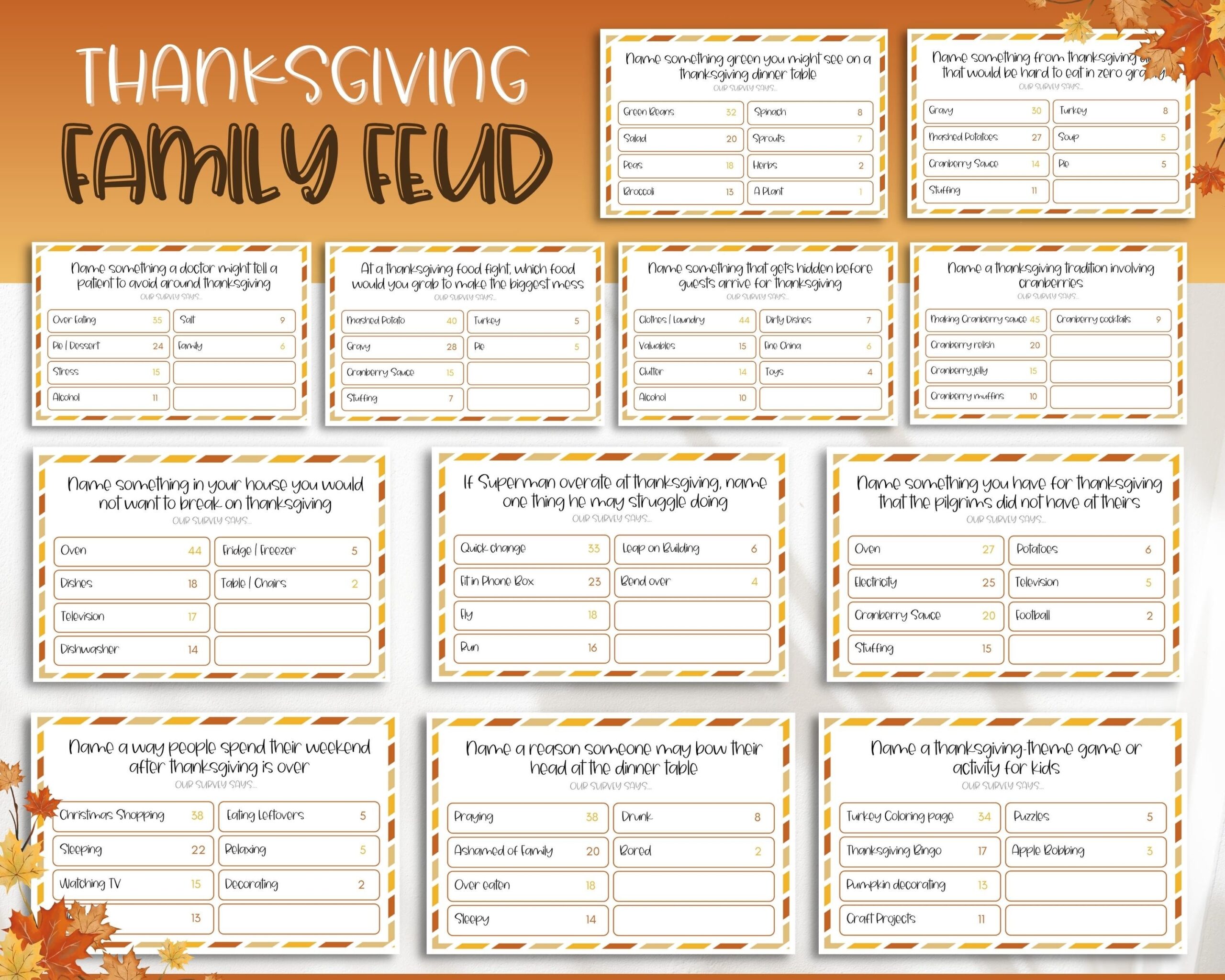 Thanksgiving Friendly Feud Game Thanksgiving Family Feud Games Family Game Night Trivia Quiz Holiday Family Feud Thanksgiving Party Etsy