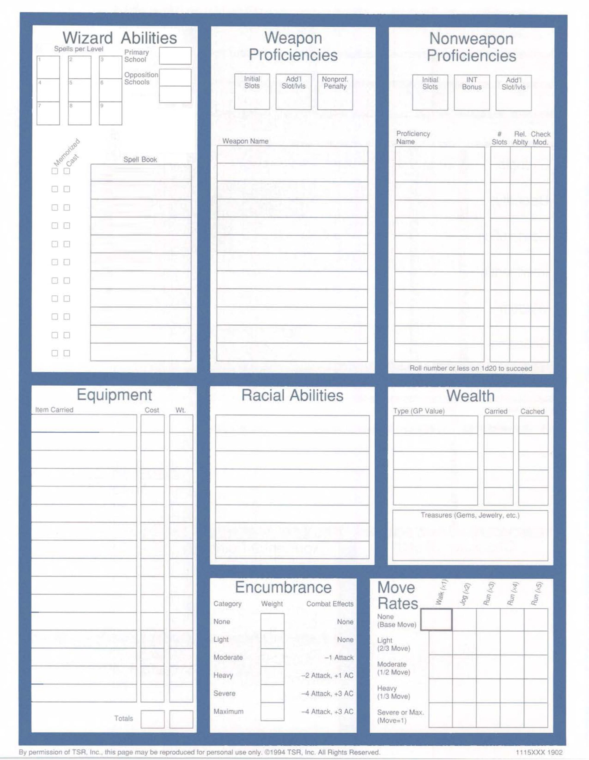 Ad&D 2nd Edition Printable Class Characte