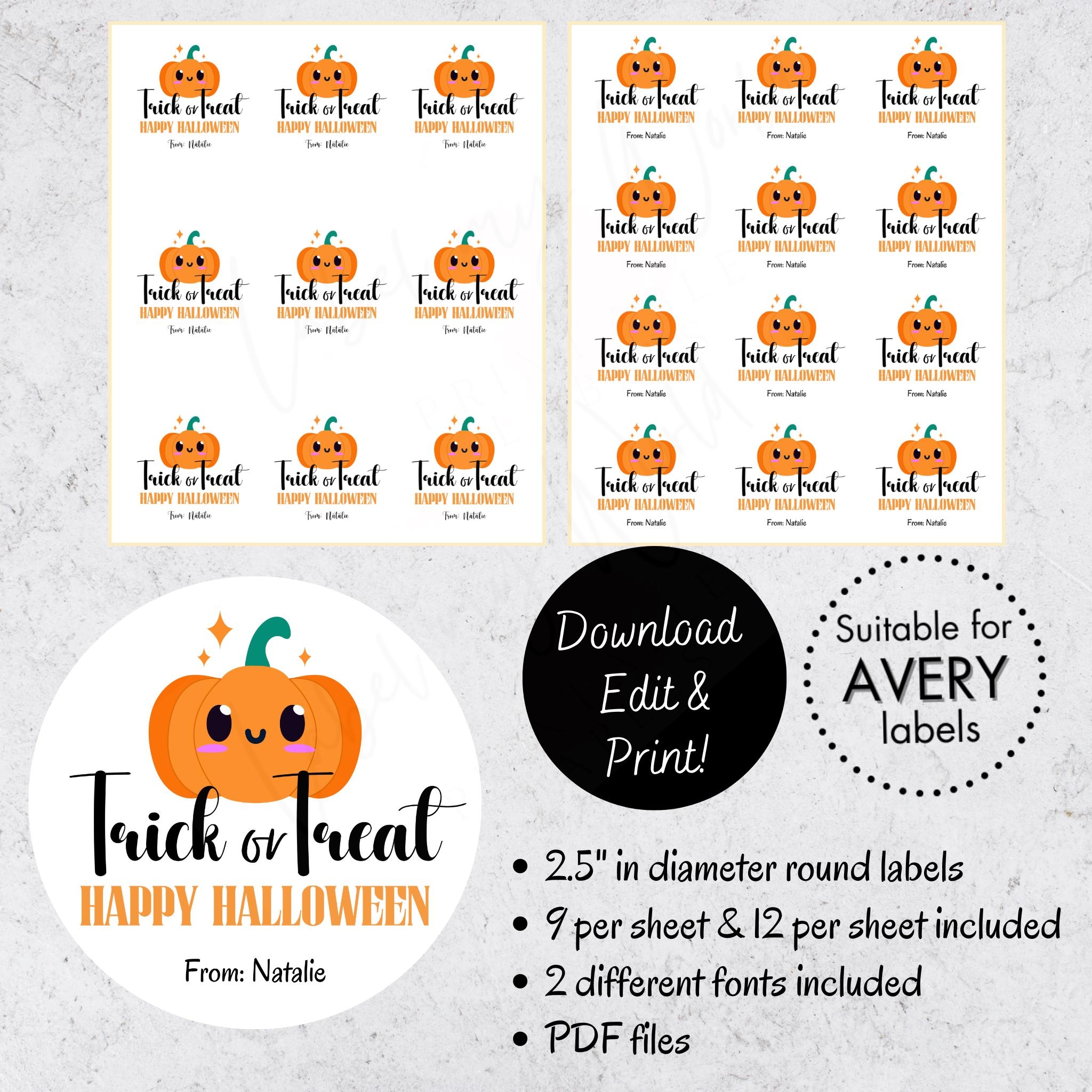 Trick Or Treat Happy Halloween Personalized Pumpkin Stickers Editable Round Labels tags Printable Custom Name Halloween Labels For Kids Etsy