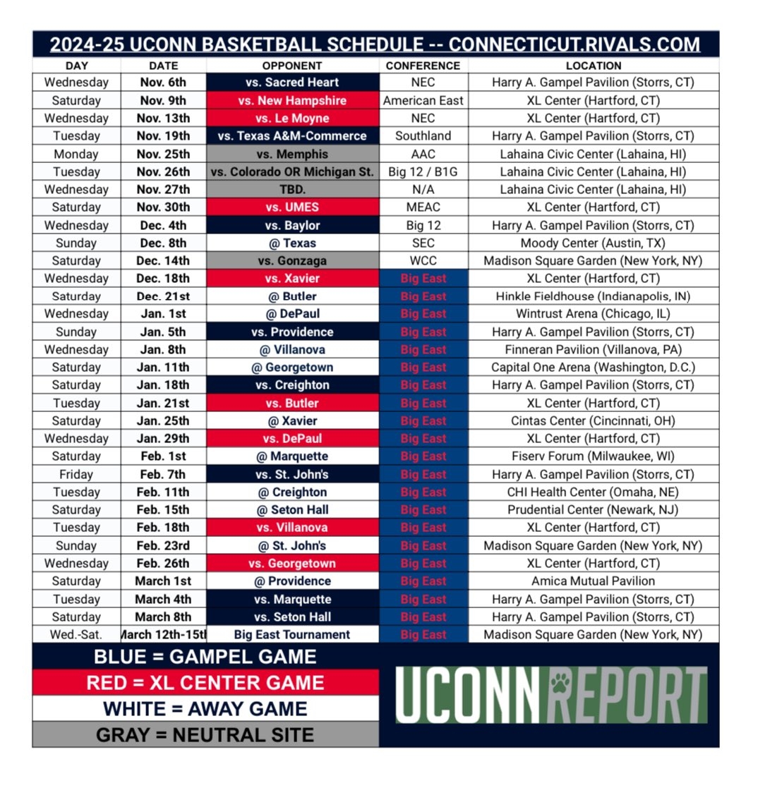 UConn Huskies Connecticut Rivals On X Here s A Look At The Full 2024 25 UConn Basketball Schedule A Printable Version Https t co D35dym6DmX Https t co NOjOPYD4NT X