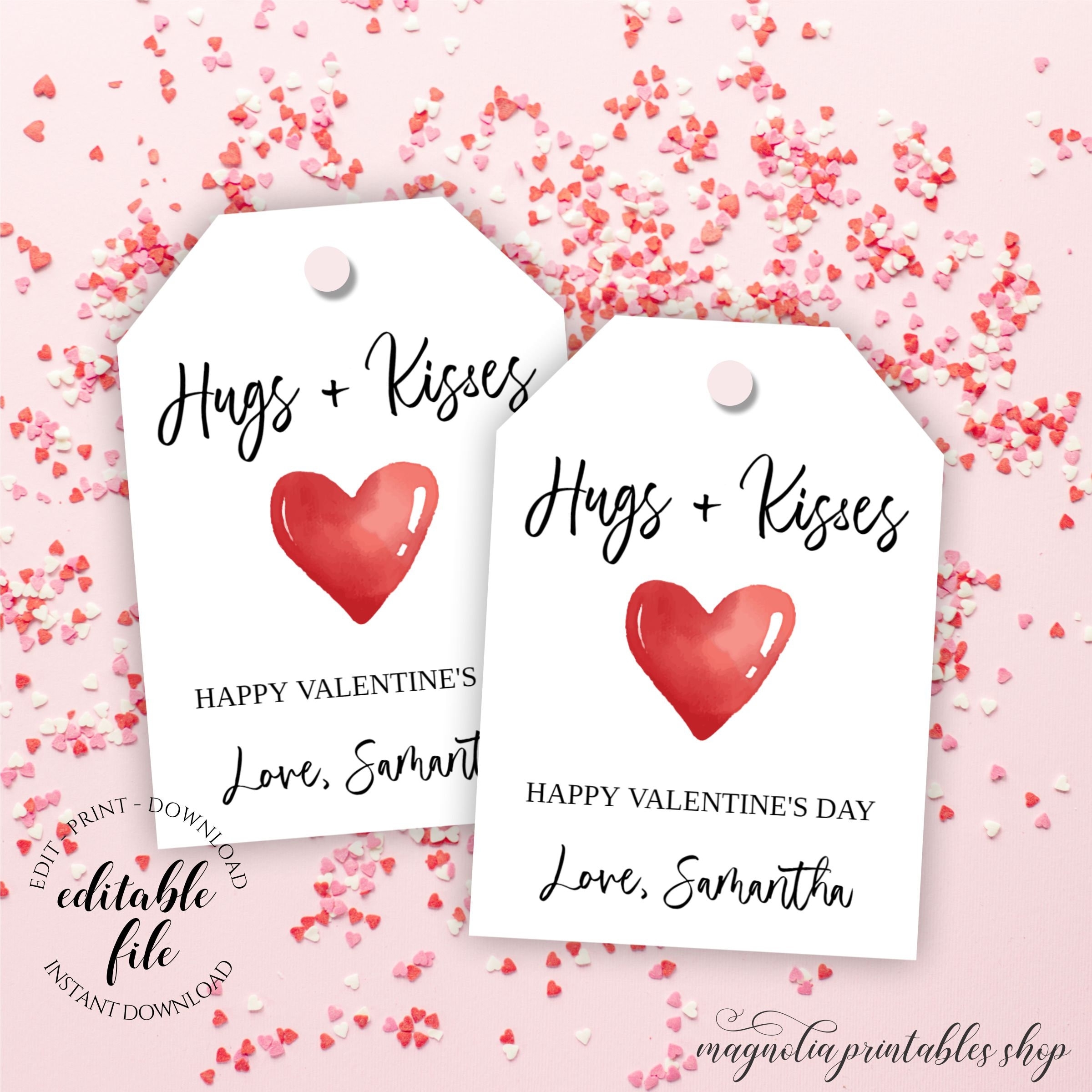 Valentine s Day Gift Tag Template Hugs And Kisses Gifts For Friends Teacher Neighbor Baked Goods Sweets Candy Editable Tag Etsy