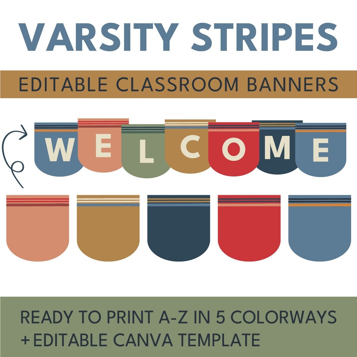 Varsity Stripes Editable Classroom Banners Printable PDF Vintage Neutral Inspired Classroom D cor Classroom Bunting Etsy