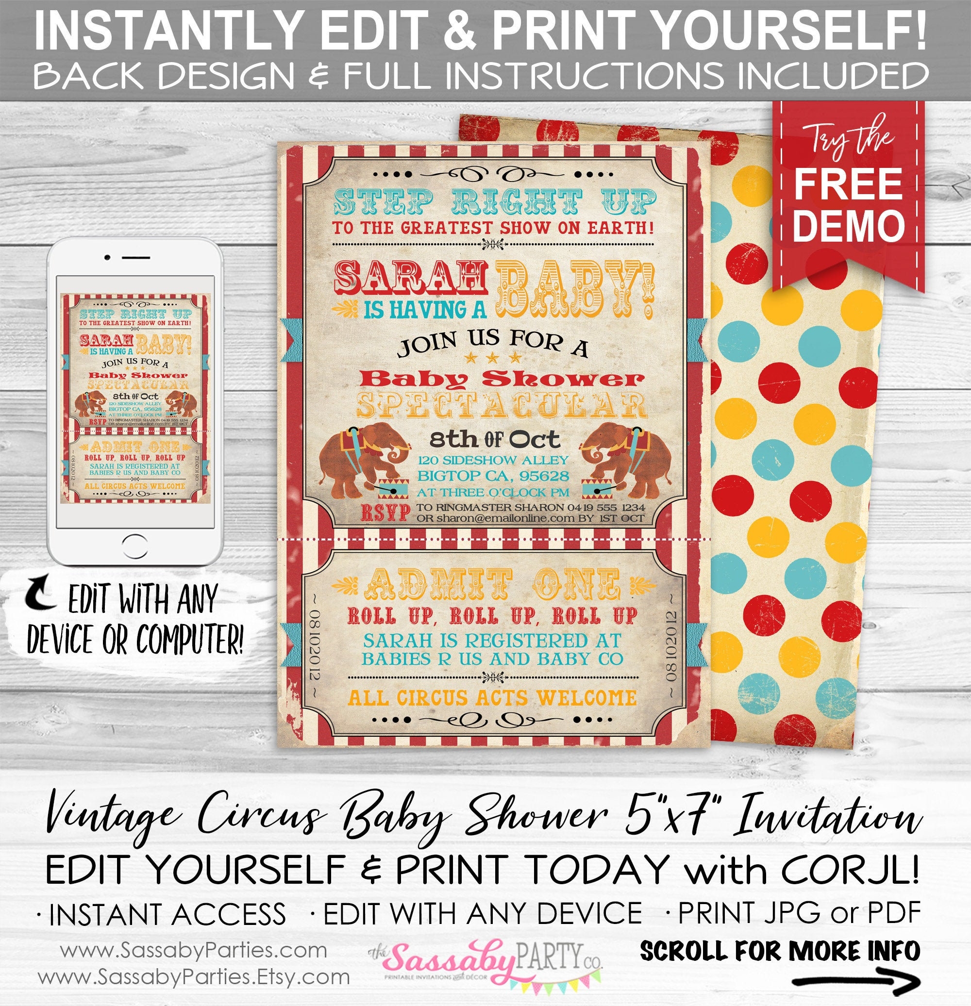 Vintage Circus Baby Shower Invitation INSTANT DOWNLOAD Aqua Editable Printable Carnival Ticket Invite Party Big Top Elephants Etsy