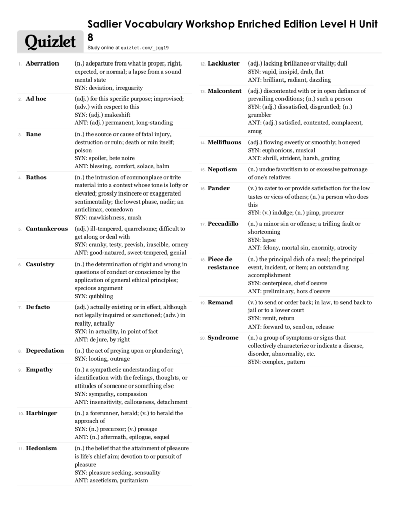 Vocabulary Workshop Level G Enriched Edition Printable Unit 1 Online