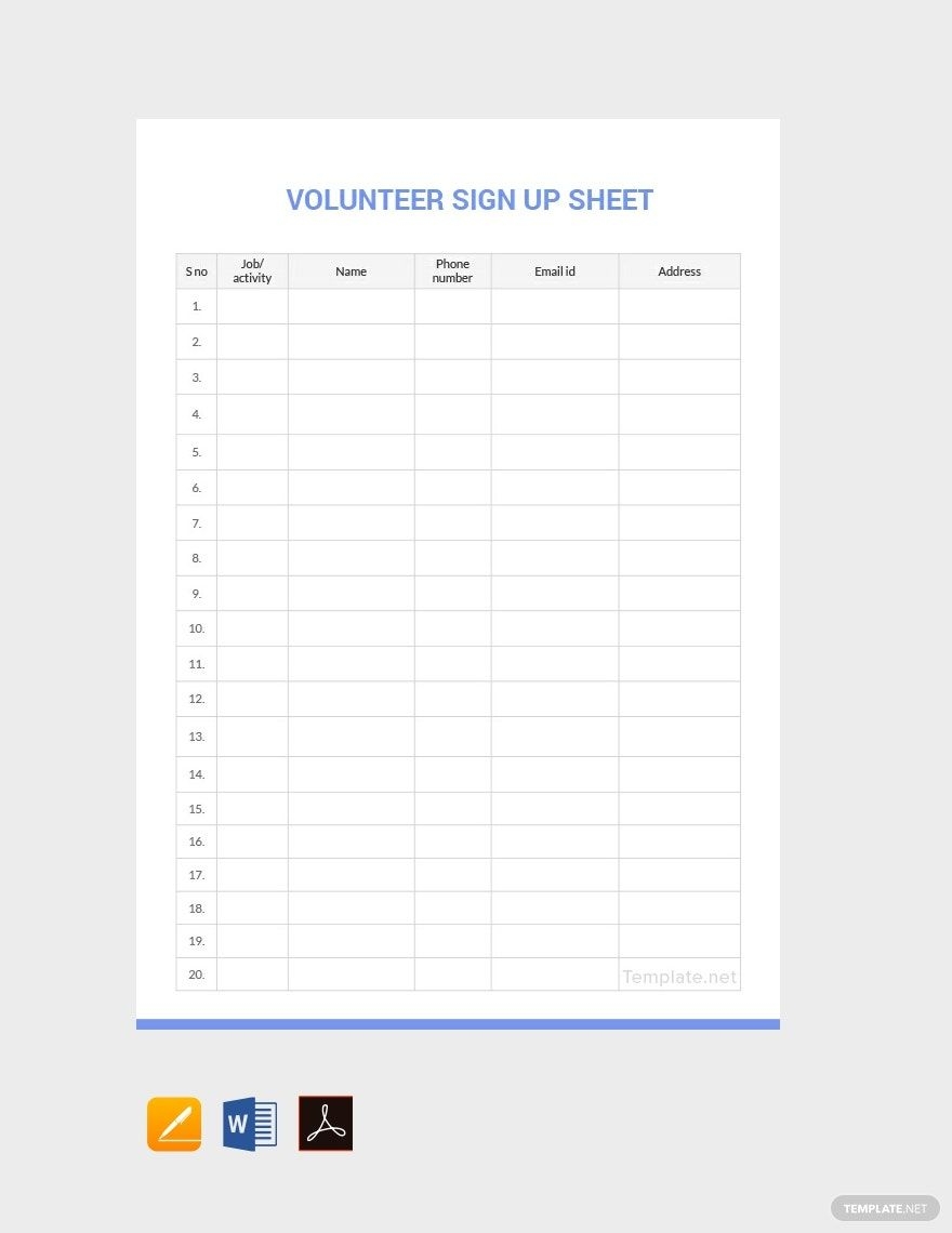 Volunteer Sign Up Sheet Template In Pages Word PDF Google Docs Download Template