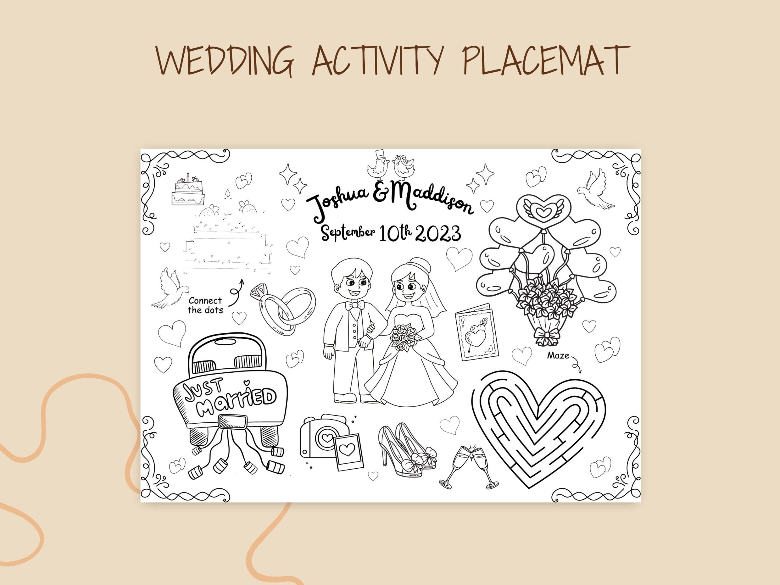 Wedding Coloring Placemat For Kids Wedding Activity Book Printable Wedding Activity Placemat Custom Coloring Book Etsy
