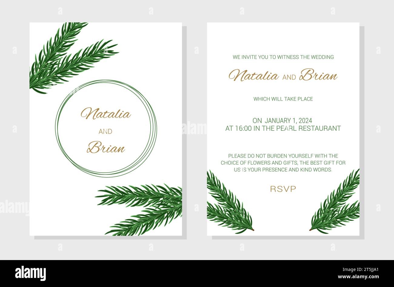 Wedding Invitation Layout Template In Winter Theme Decor Made Of Spruce Branches Design Of An Invitation Card Vector Illustration Stock Vector Image Art Alamy