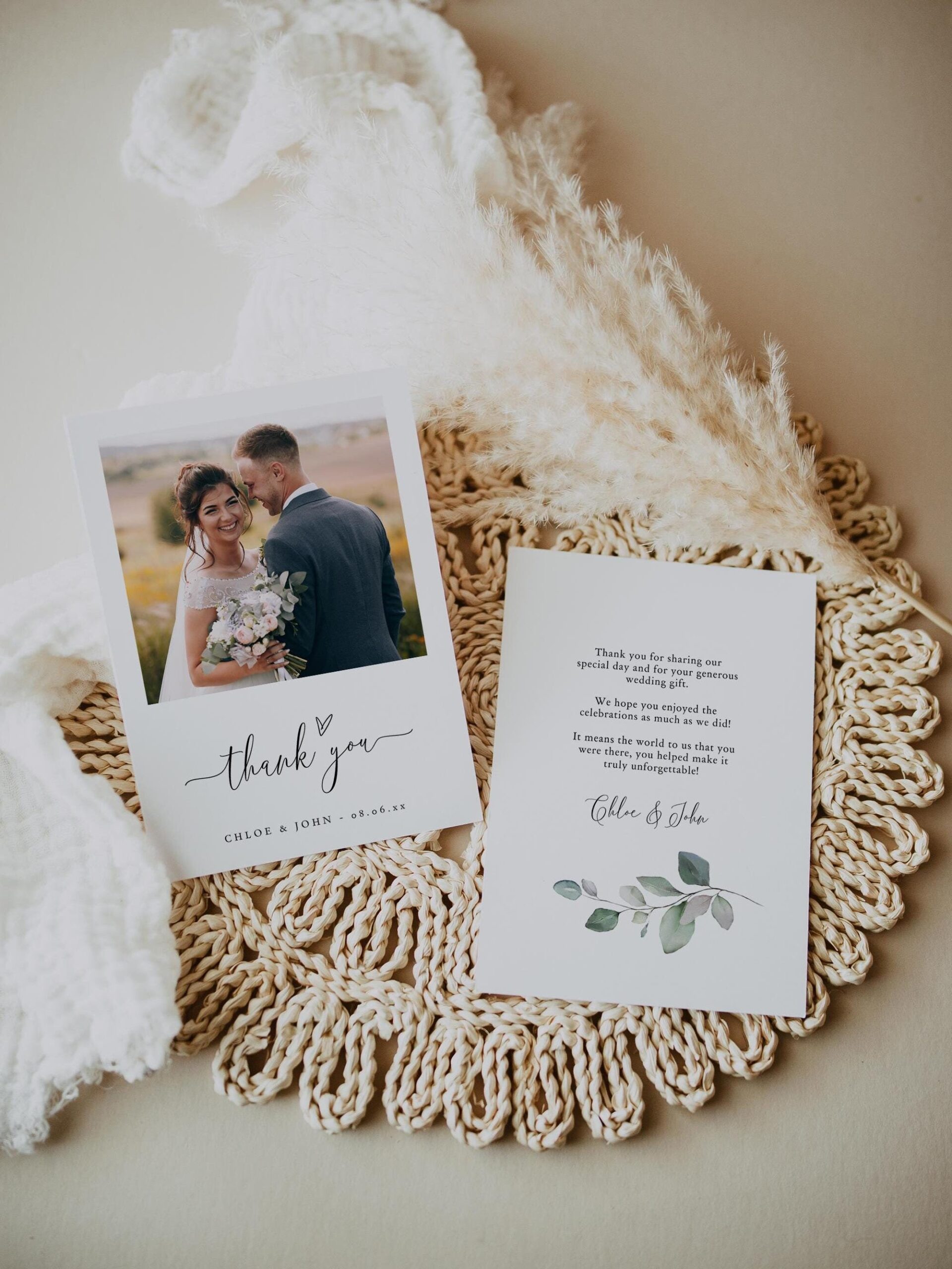 Wedding Photo Thank You Cards Printable Thank You Card Template Greenery Wedding Thank You Cards Double Sided Canva Templates 80G