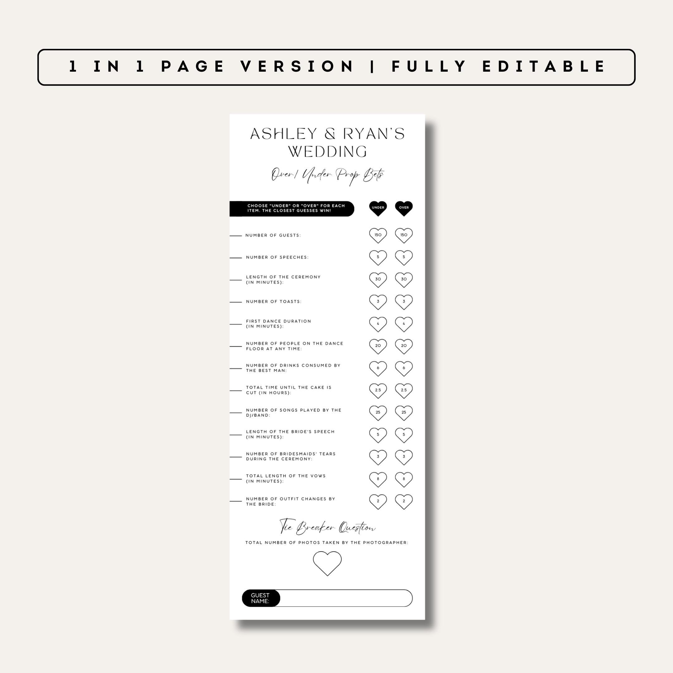Wedding Prop Bets Over Under Betting Cards Cocktail Hour Games For Guests DIY Custom Wedding Game Bet Slips Editable Canva Template Etsy