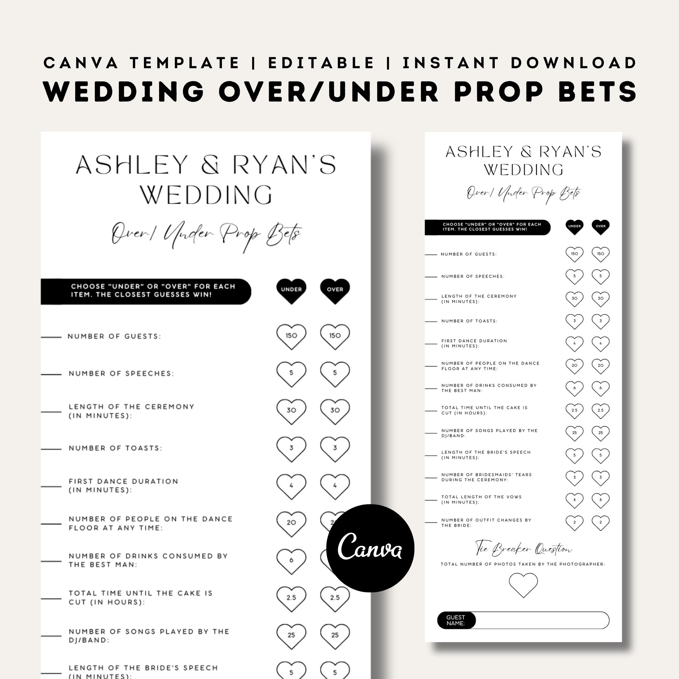 Wedding Prop Bets Over Under Betting Cards Cocktail Hour Games For Guests DIY Custom Wedding Game Bet Slips Editable Canva Template Etsy