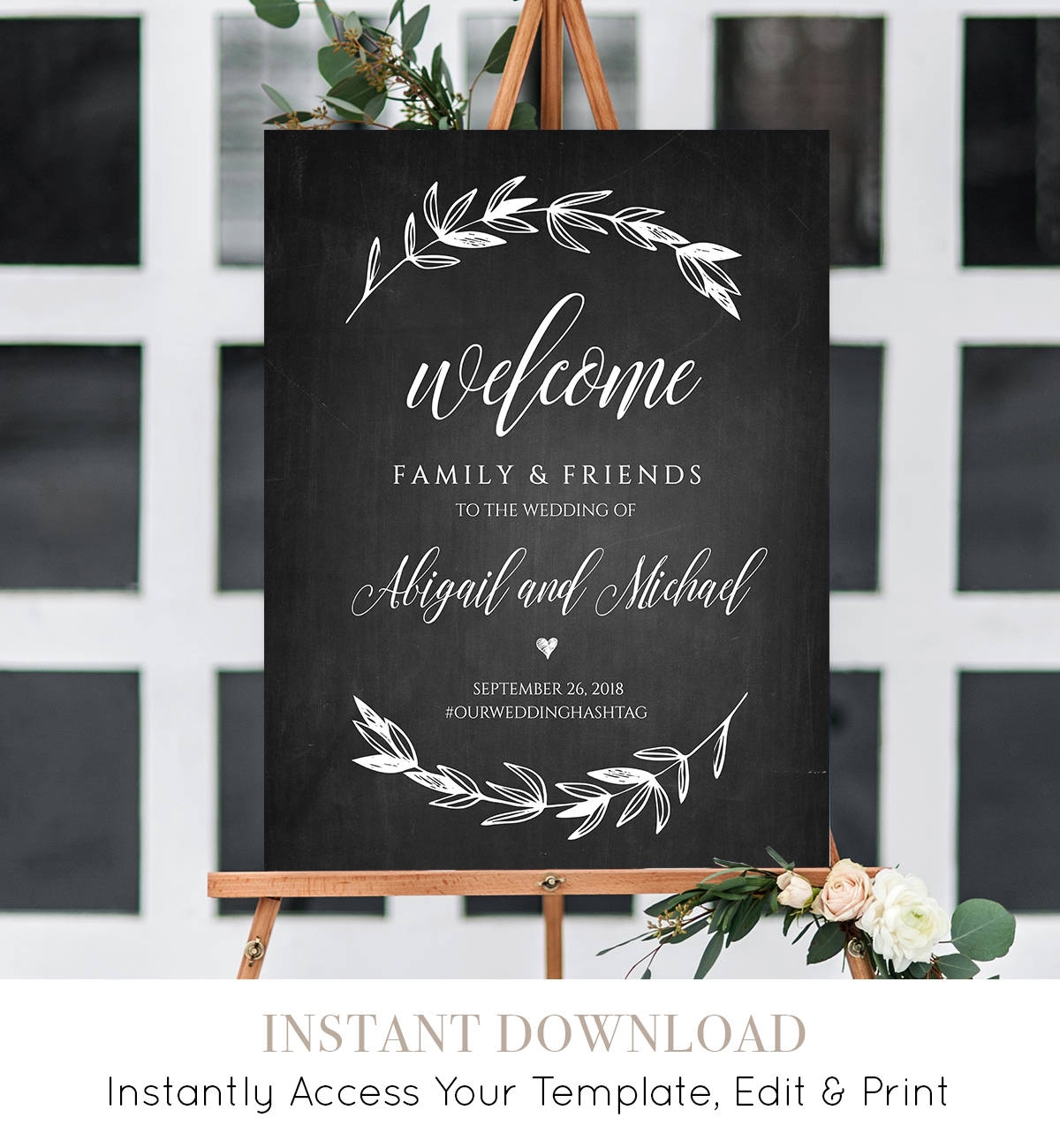 Wedding Welcome Sign Template Chalkboard Wedding Poster Printable Rustic Laurels 100 Editable Instant Download 18x24 24x36 023 101LS
