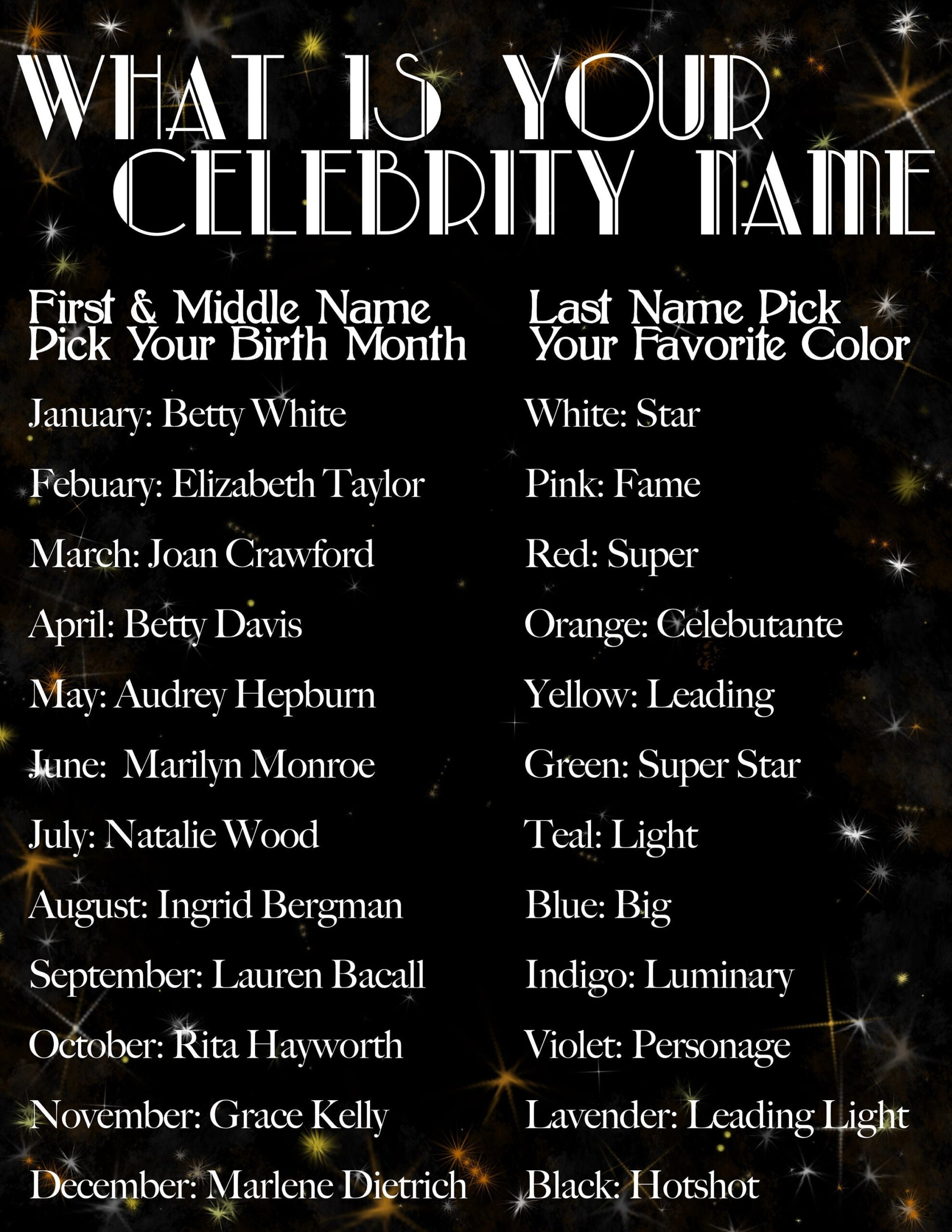 What Is Your Old Hollywood Celebrity Name Etsy