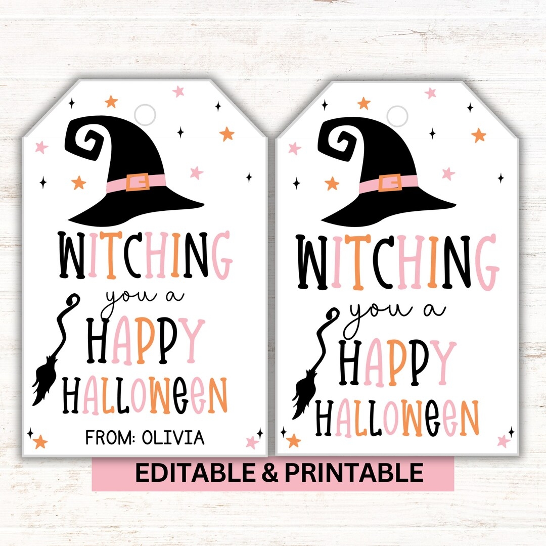 Witching You A Happy Halloween Editable Printable Gift Tag Canva Template Instant Download PDF Etsy