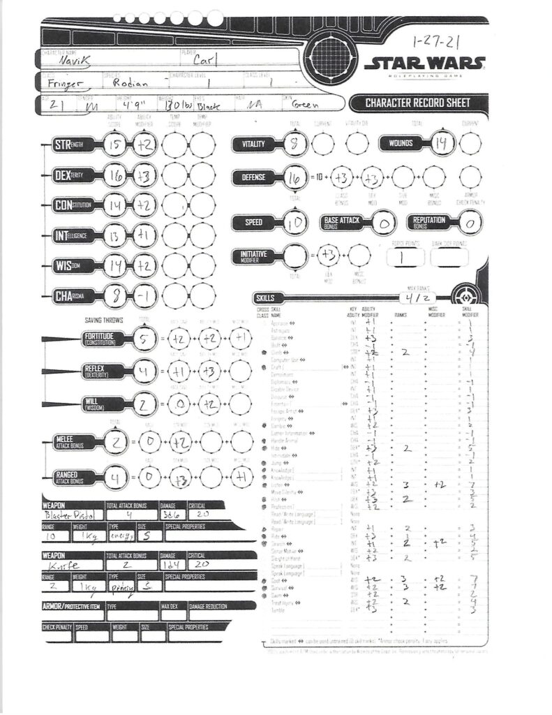 Star Wars Saga Edition Printable Character Sheet
