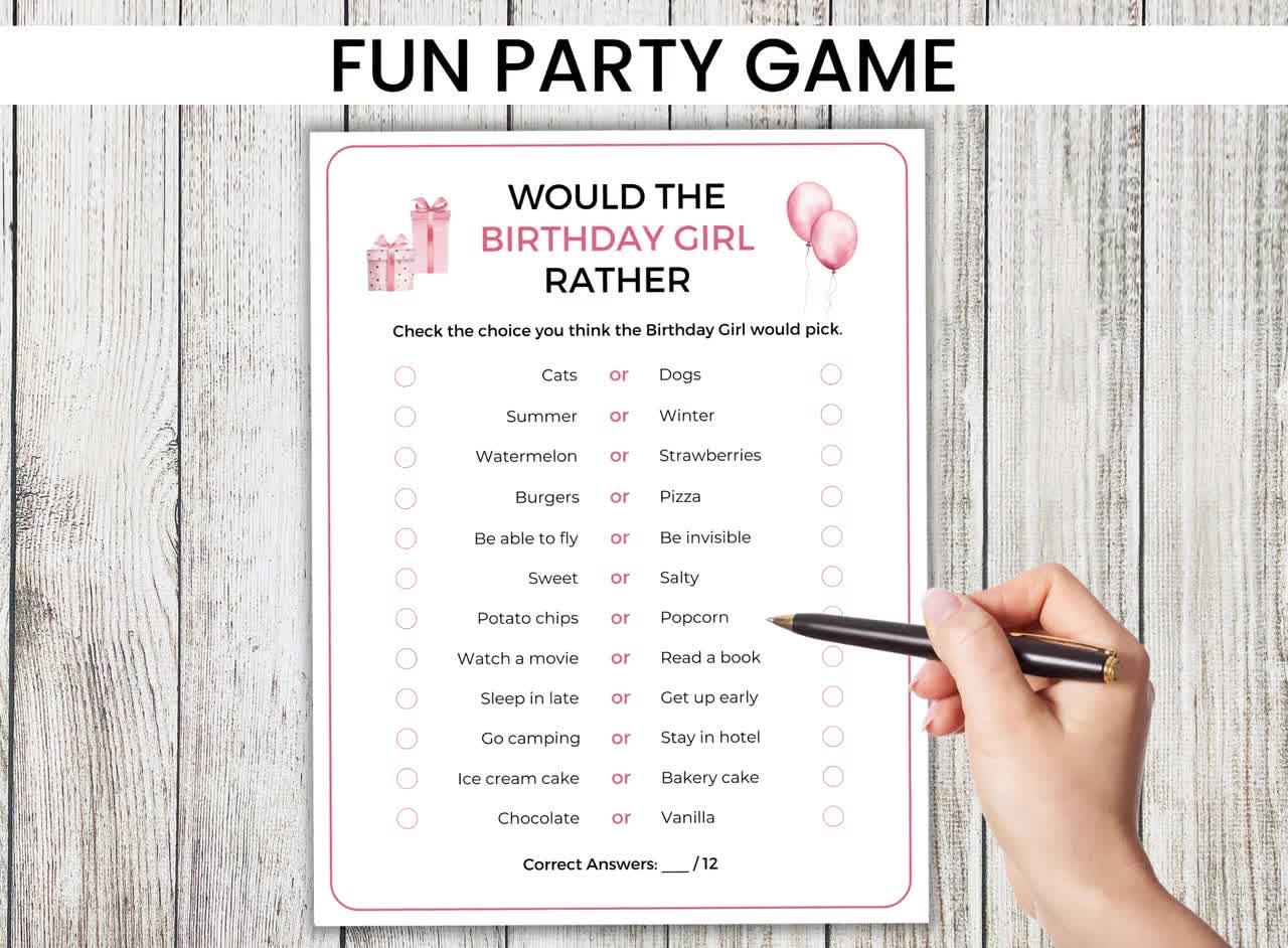 Would The Birthday Girl Rather Game Printable Birthday Party Games Birthday Games Kids Birthday Adult Birthday Game Birthday For Him Etsy