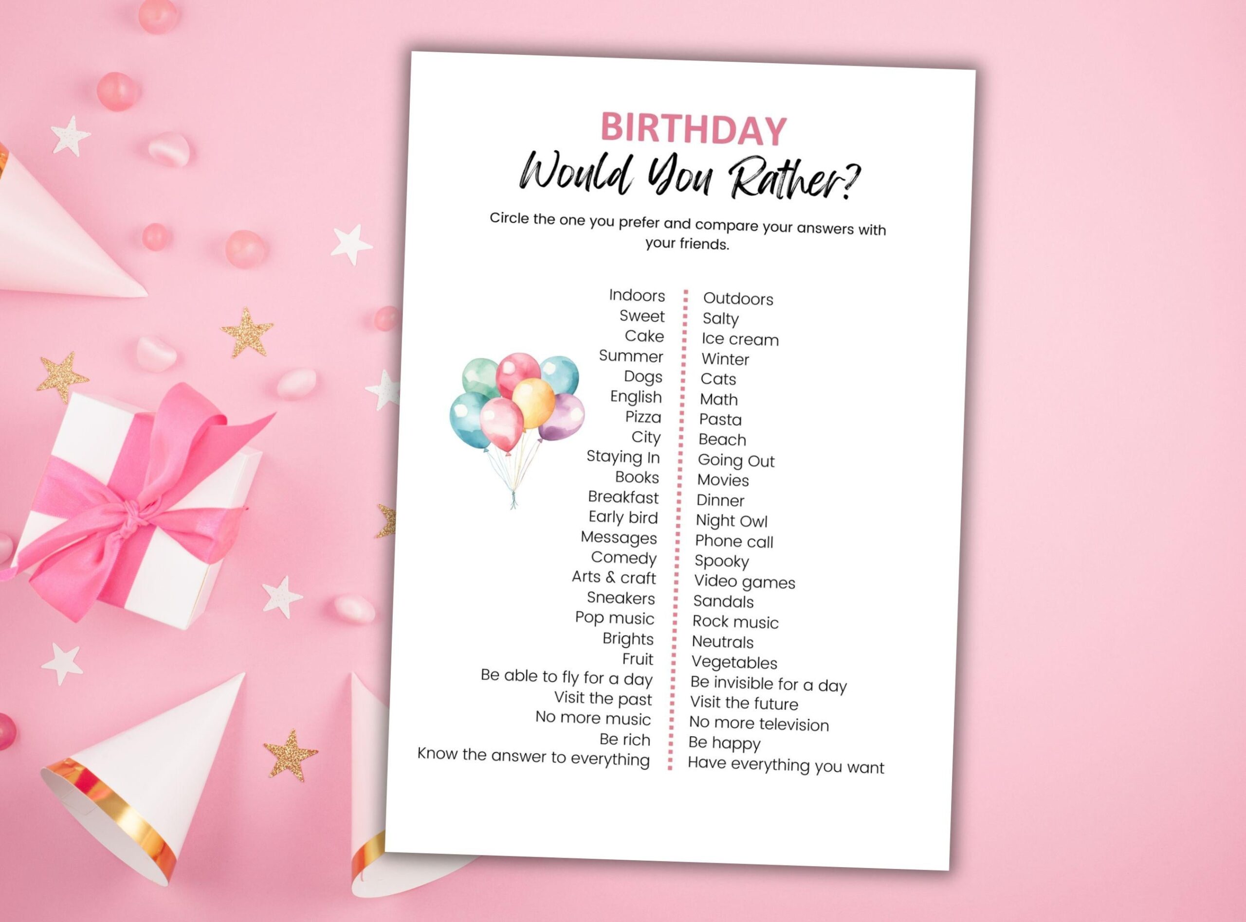 Would You Rather Birthday Game Would You Rather Slumber Party Games For Girls Printable Party Games For Teens Birthday Party Games For Girls Etsy