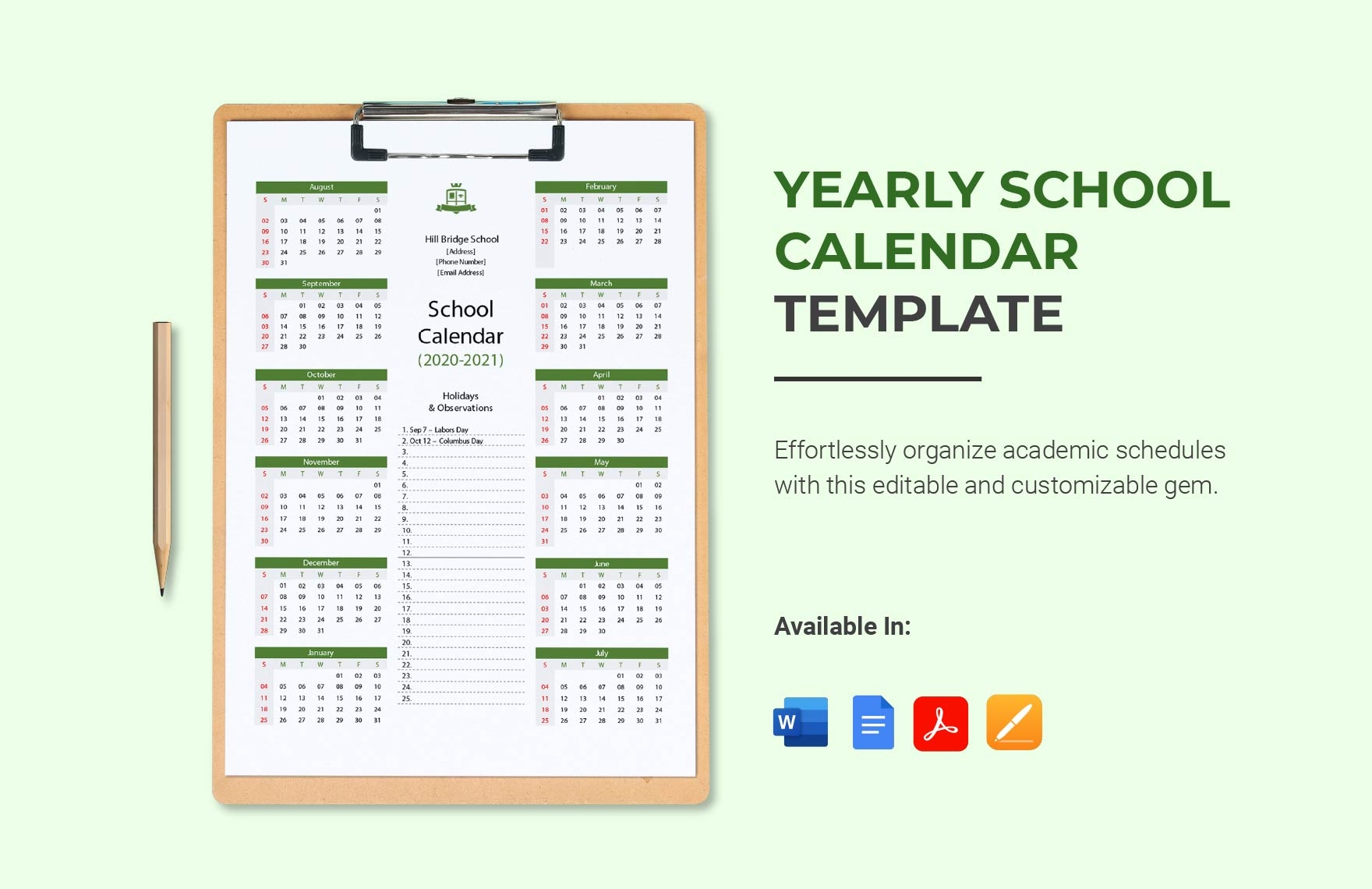 Yearly School Calendar Template In Word Pages Google Docs PDF Download Template