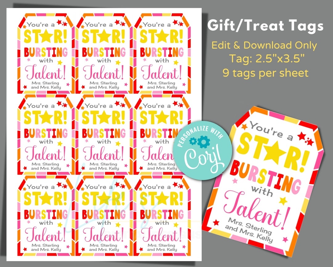 You re A Star Bursting With Talent Tags To Edit In Corjl Download And Print Team Gift Tags Employee Gift Tag Dance Group Gift Tags Etsy