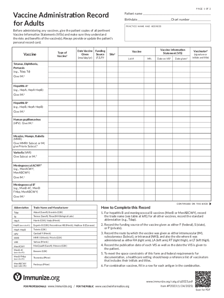 Printable & Editable Record Of Immunizations For Adult