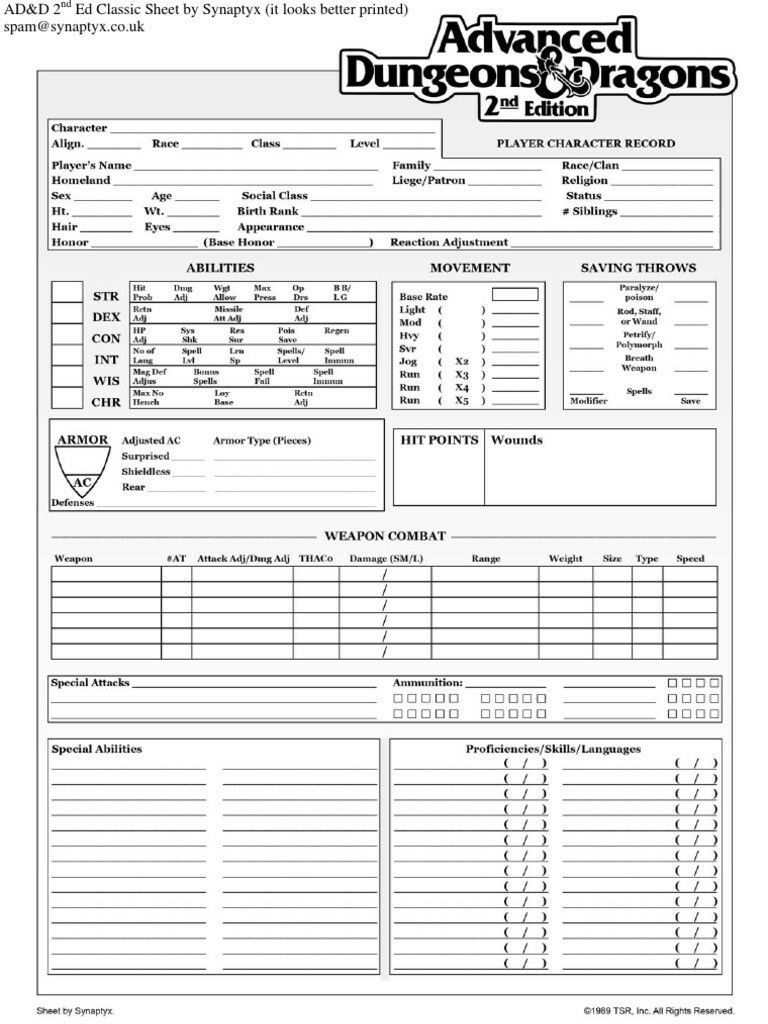 Printable Ad&D 1st Edition Character Sheet