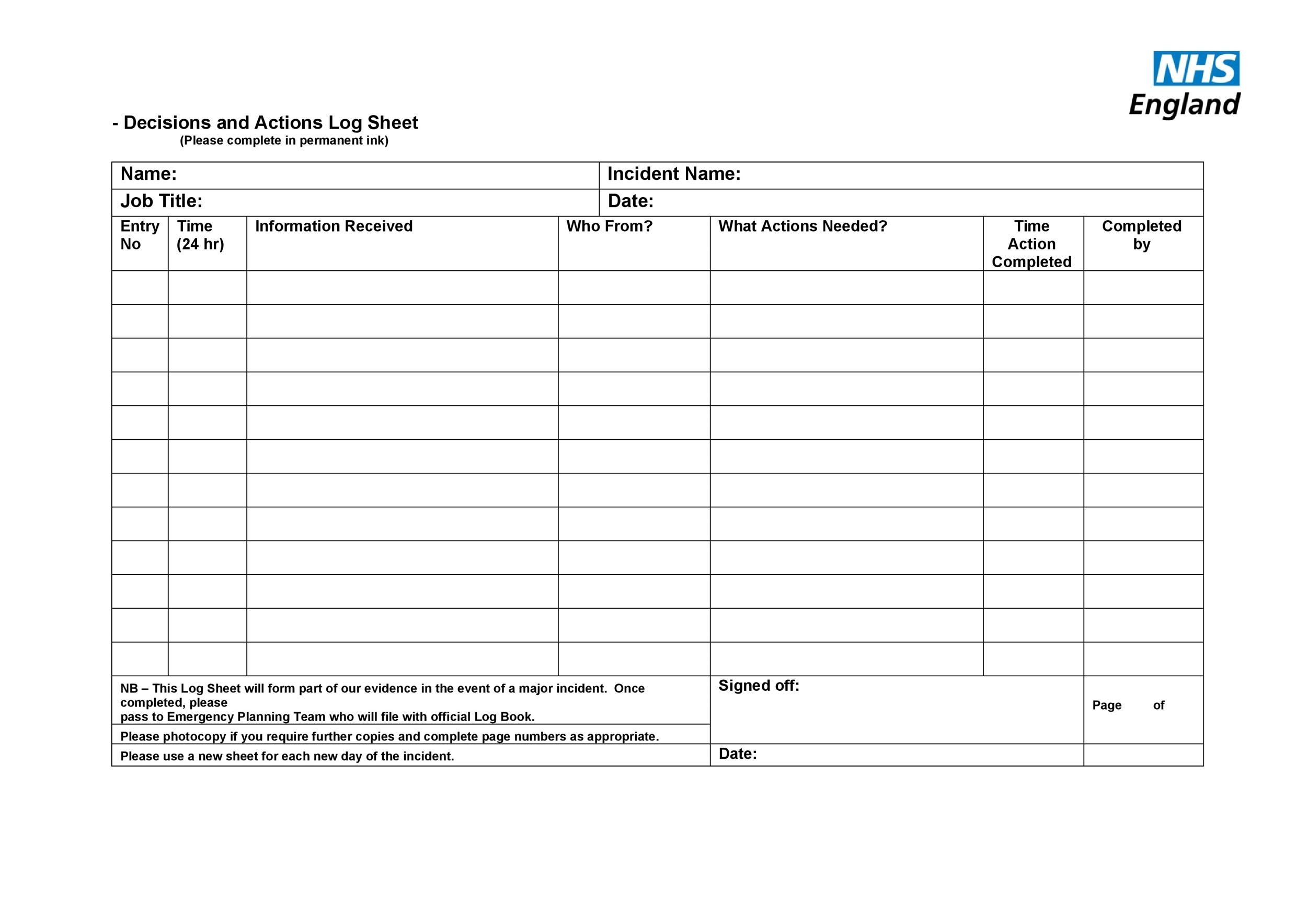Printable Editable Job Log