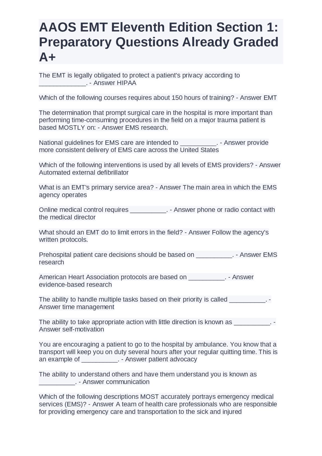 AAOS EMT Eleventh Edition Section 1 Preparatory Questions Exams Nursing Docsity
