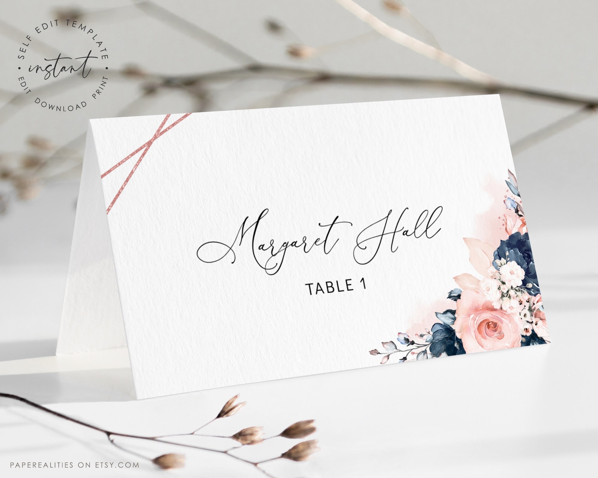 ALESSI Rose Gold Place Card Template Download Printable Editable Wedding Place Card Floral Rose Gold Navy Tent Card Flat Bridal Shower Etsy