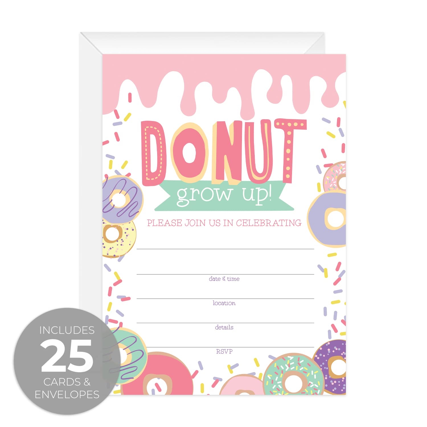 Amazon Canopy Street Donut Birthday Party Invitation 25 Fill In The Blank Sweet Growing Up Party Invites 5 X 7 Rainbow Sprinkles Event Invitation Pack Made In The USA Office Products