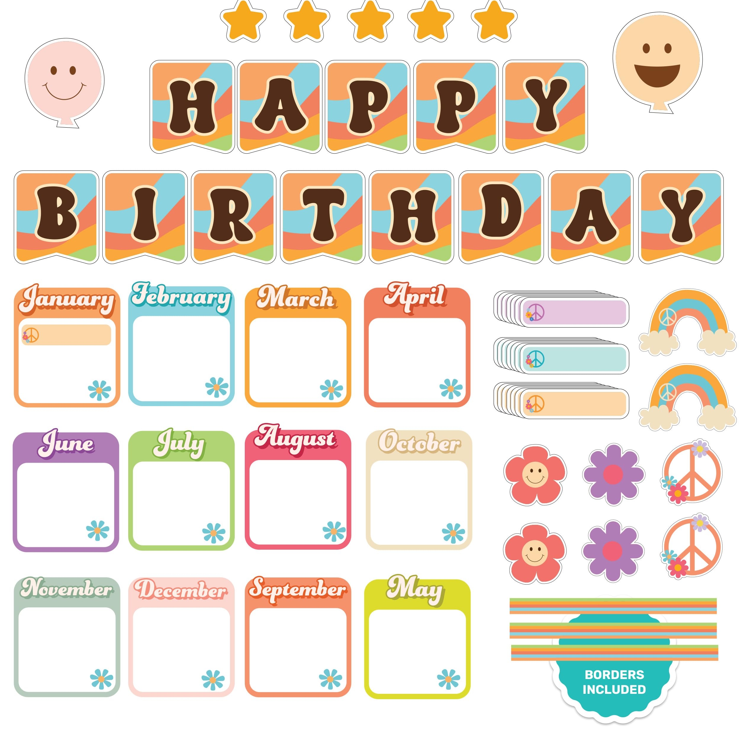 Amazon Decorably 81 Pcs Cutouts Groovy Erasable Birthday Chart For Classroom Set With Accompanying Borders Retro Birthdays Bulletin Board Set School Office Products