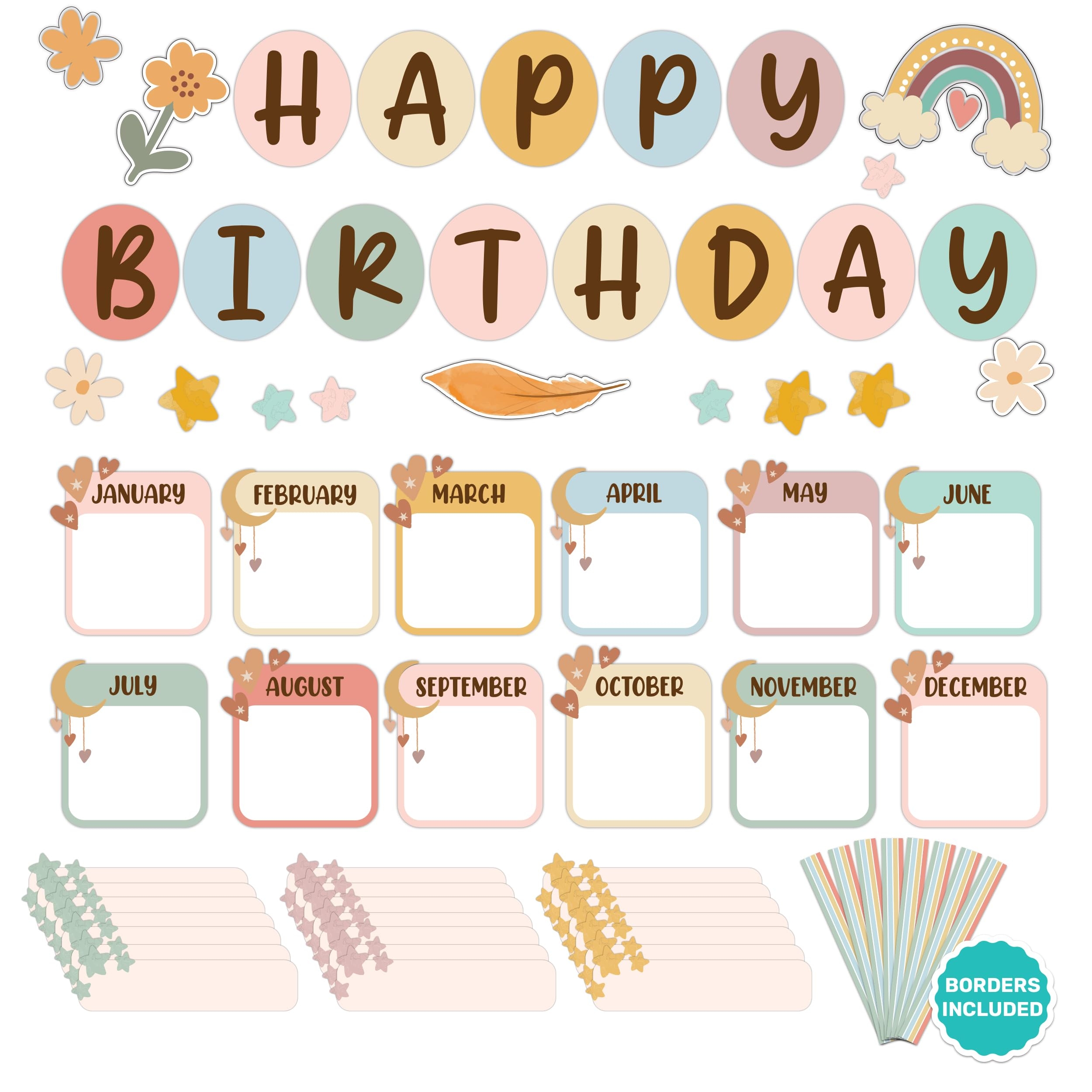 Amazon Decorably 97 Pcs Cutouts Boho Birthday Bulletin Board Decorations Set With Borders Boho Classroom Decor Office Products