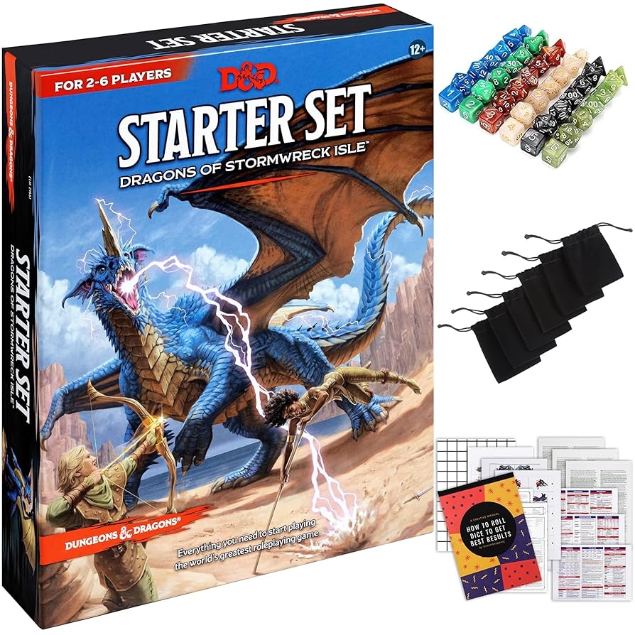 Amazon Dungeons And Dragons Starter Set 6th Edition Dragons Of Stormwreck Isle Extra 6 Dice Sets Flannel Bags Master Screen New Heroes D D Board Game Includes Printable Materials Toys Games