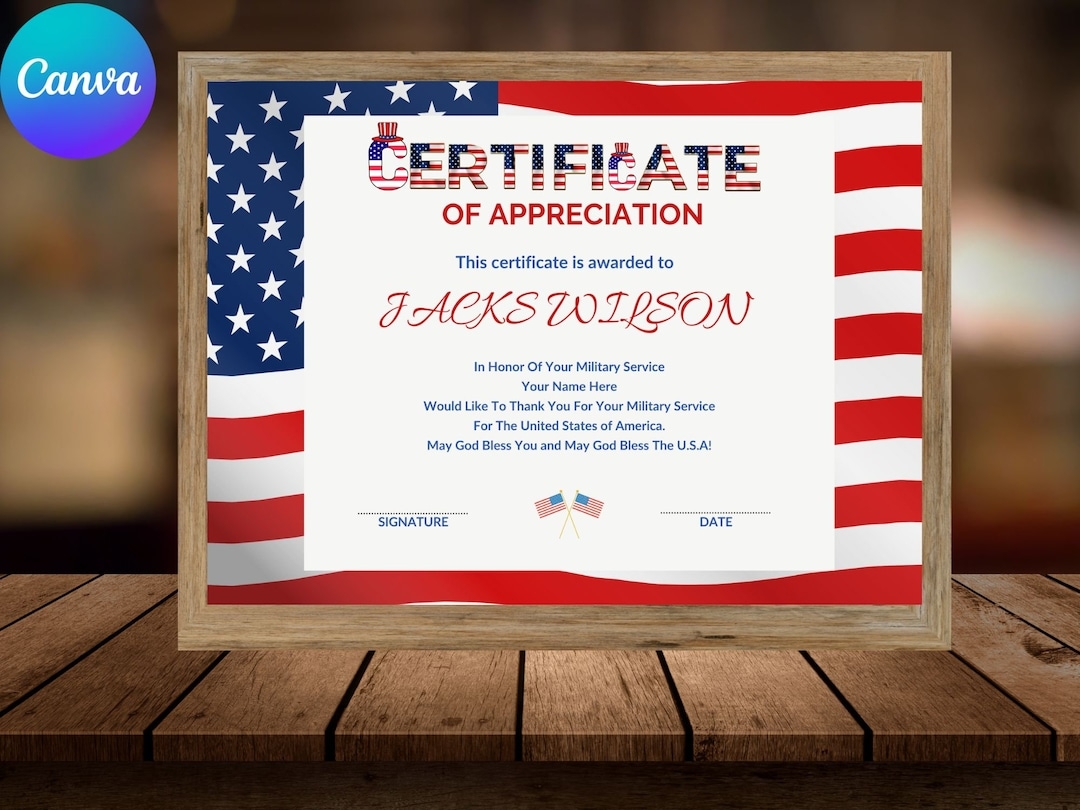 American Appreciation Certificate Honoring Military Service Appreciation Veteran s Certificate Patriot Day Certificate Download Etsy