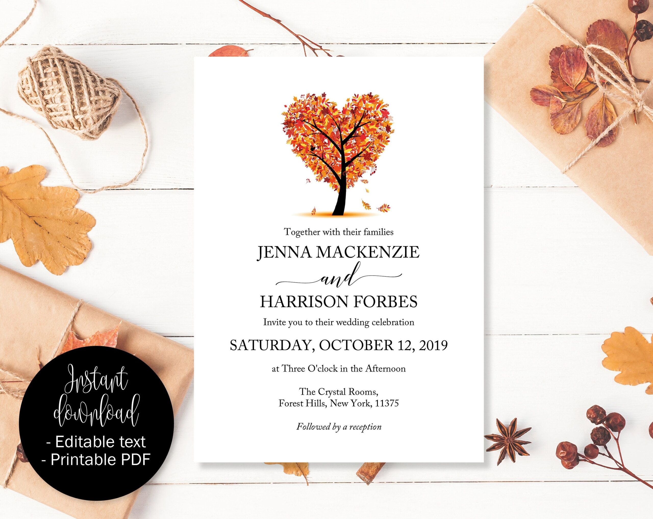 Autumn Fall Love Tree Wedding Invitation Template Set Save The Date Printable Invite RSVP Reply Card Guest Information Editable Printables Etsy