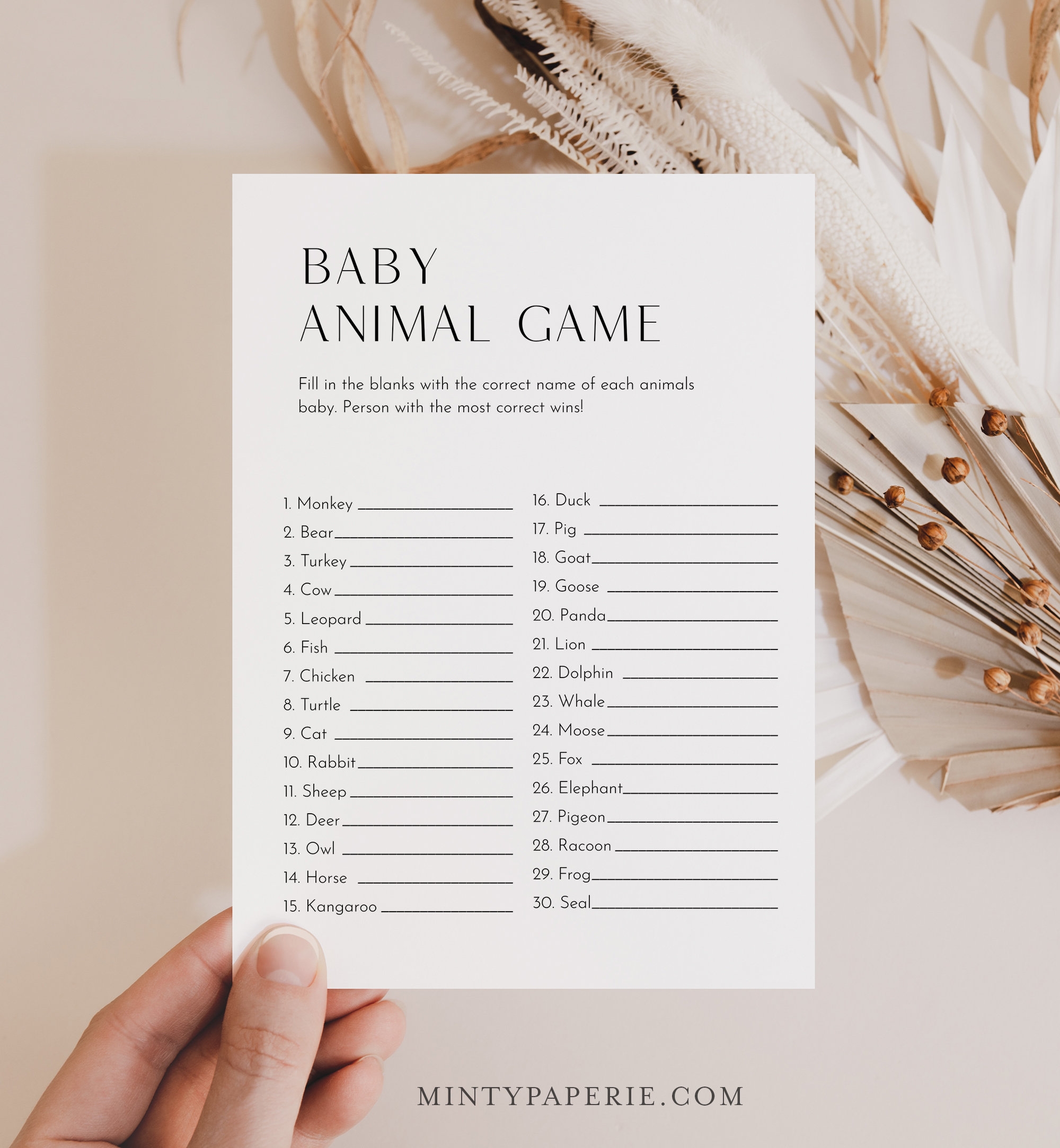 Baby Animal Game Printable Minimalist Baby Shower Game Editable Template Answer Key Included Instant Download Templett 0026 235BASG