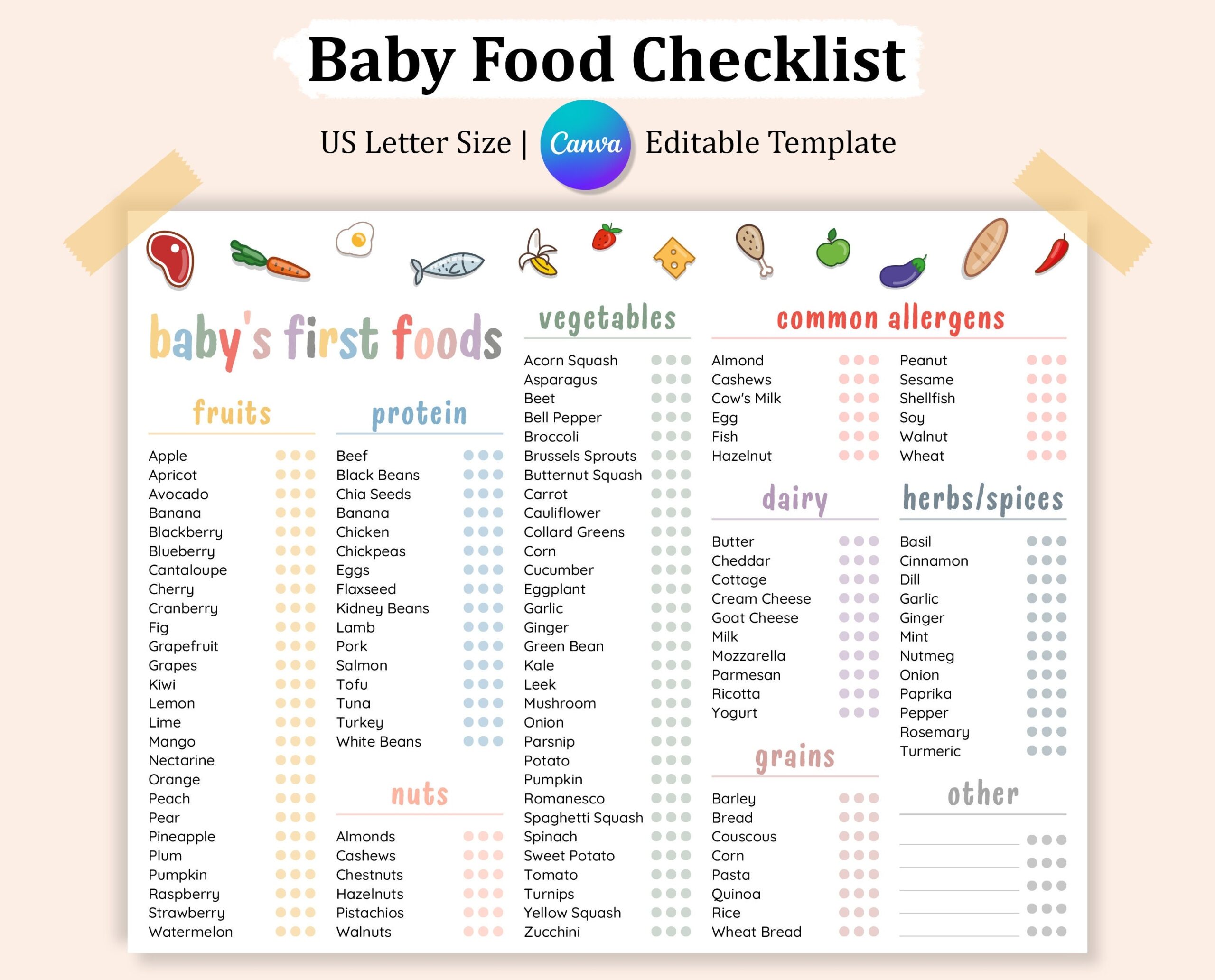 Baby s First 100 Foods Checklist Editable Weaning Chart PDF Etsy