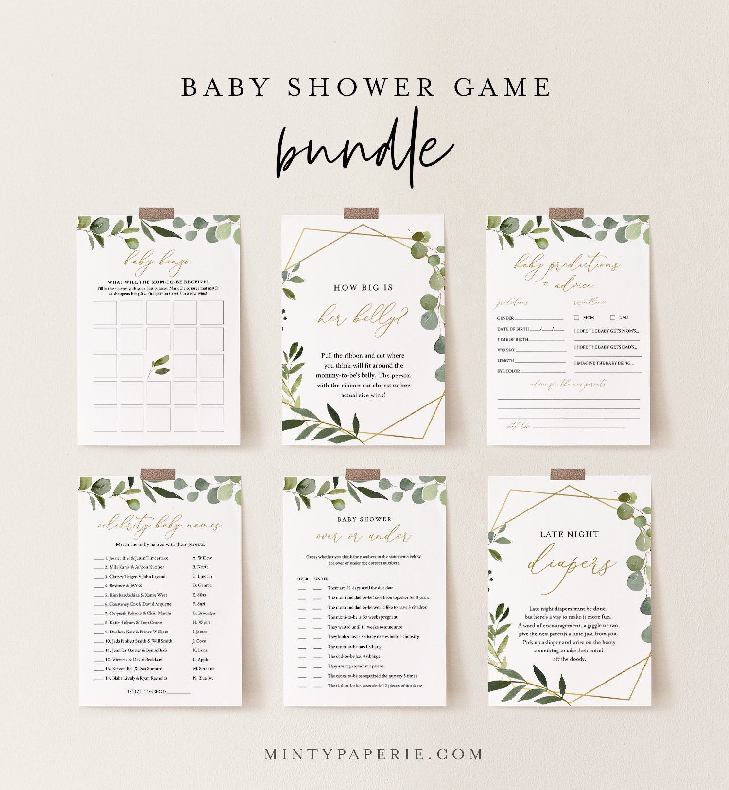 Baby Shower Game Bundle 13 Editable Games INSTANT DOWNLOAD Personalize Questions Greenery Gold Editable Template Templett 056BBGB