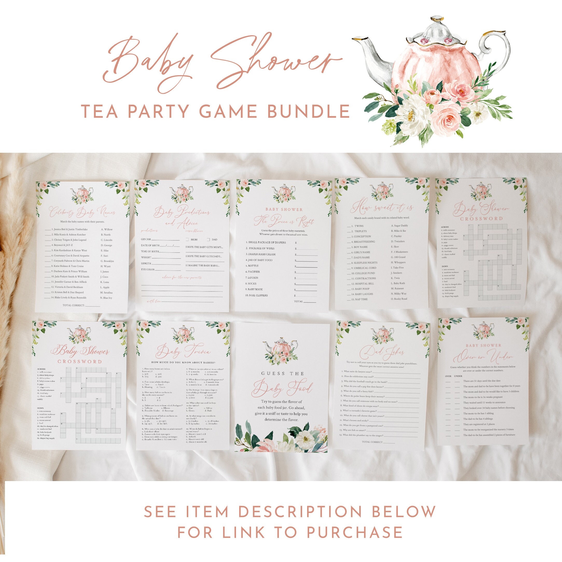 Baby Shower Game Bundle 20 Tea Party Shower Games Editable Template Personalize Question Instant Download Printable Templett 085C BBGB
