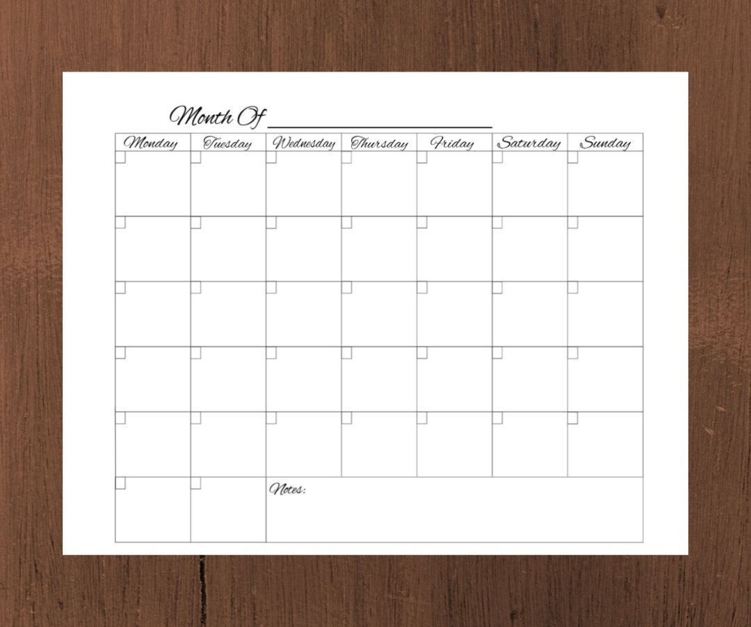 Blank Calendar Printable Monday Start Instant Download Monthly Calendar Template Editable PDF Printable Calendar Etsy