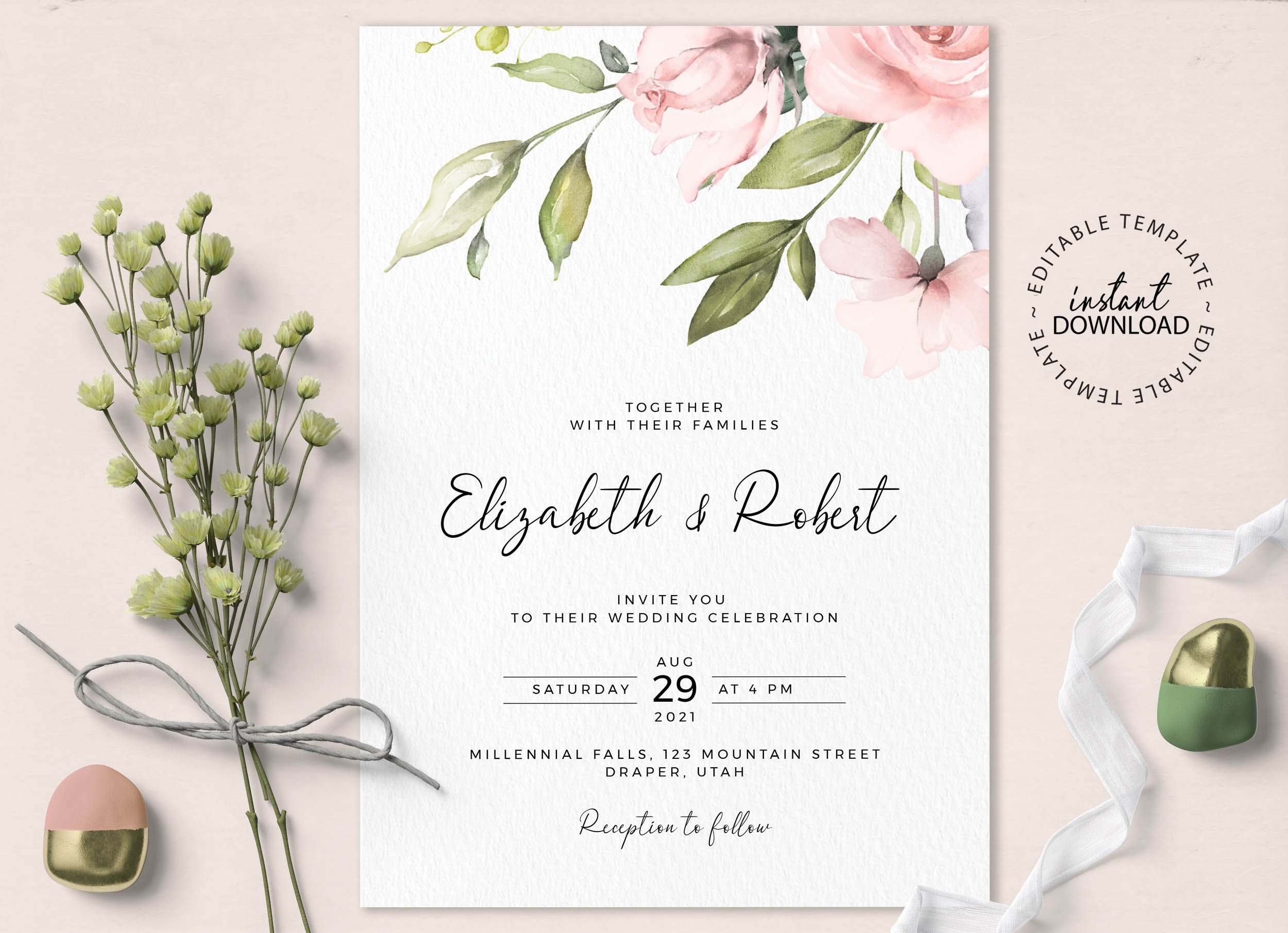 Mauve Rose Watercolor Wedding Invitation Suite, Printable, Editable Template, Instant Downloadn