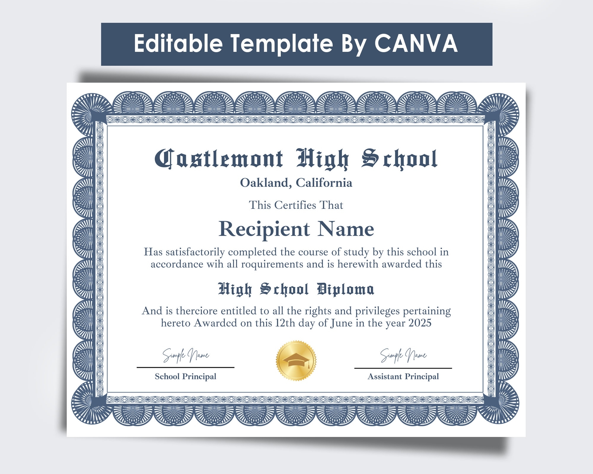 Canva Editable High School Diploma Template digital Download Etsy