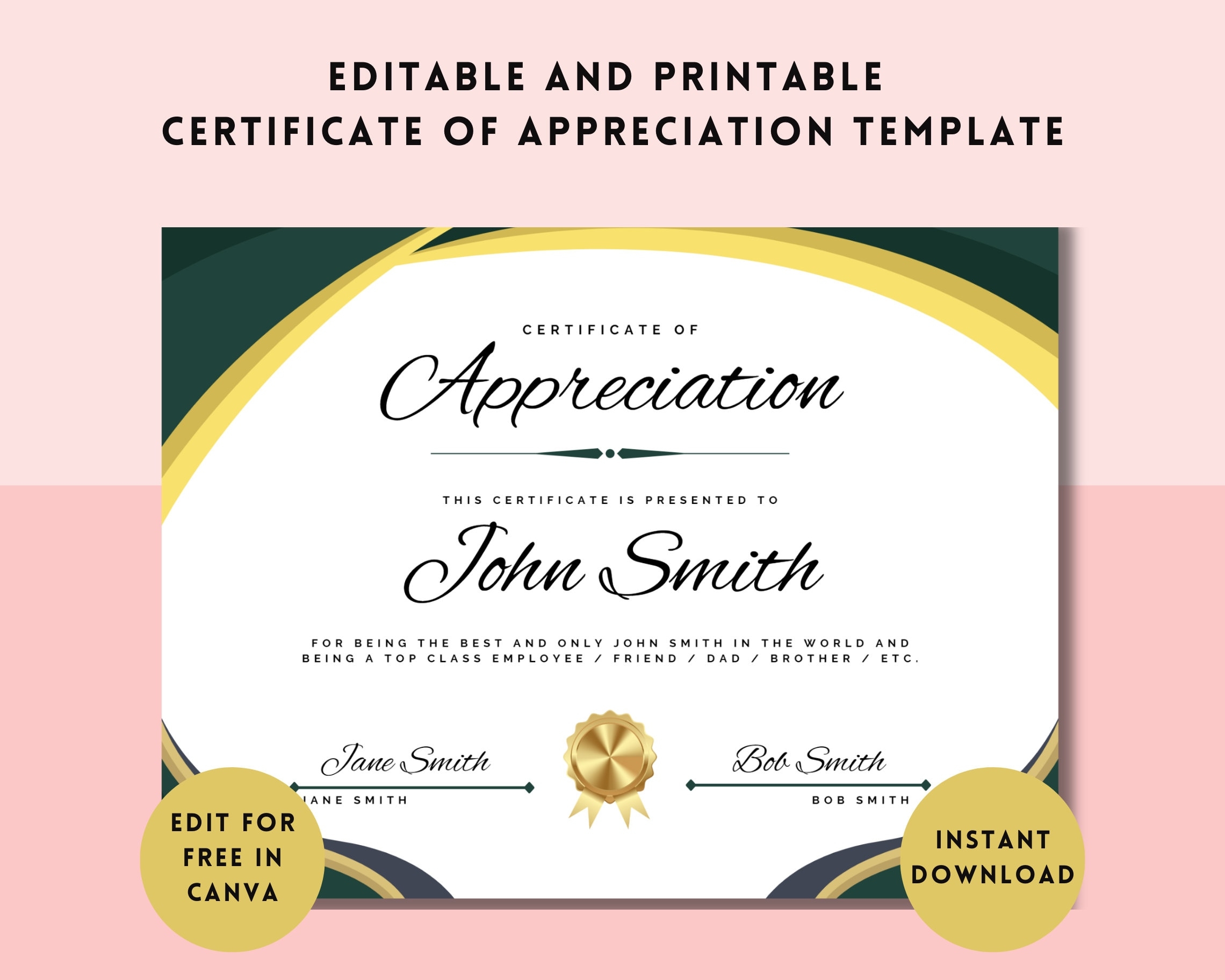 Certificate Of Appreciation Template Editable Printable In Size 8 5 X 11 A4 A5 Perfect For Employee Volunteer Or Teacher Recognition Etsy