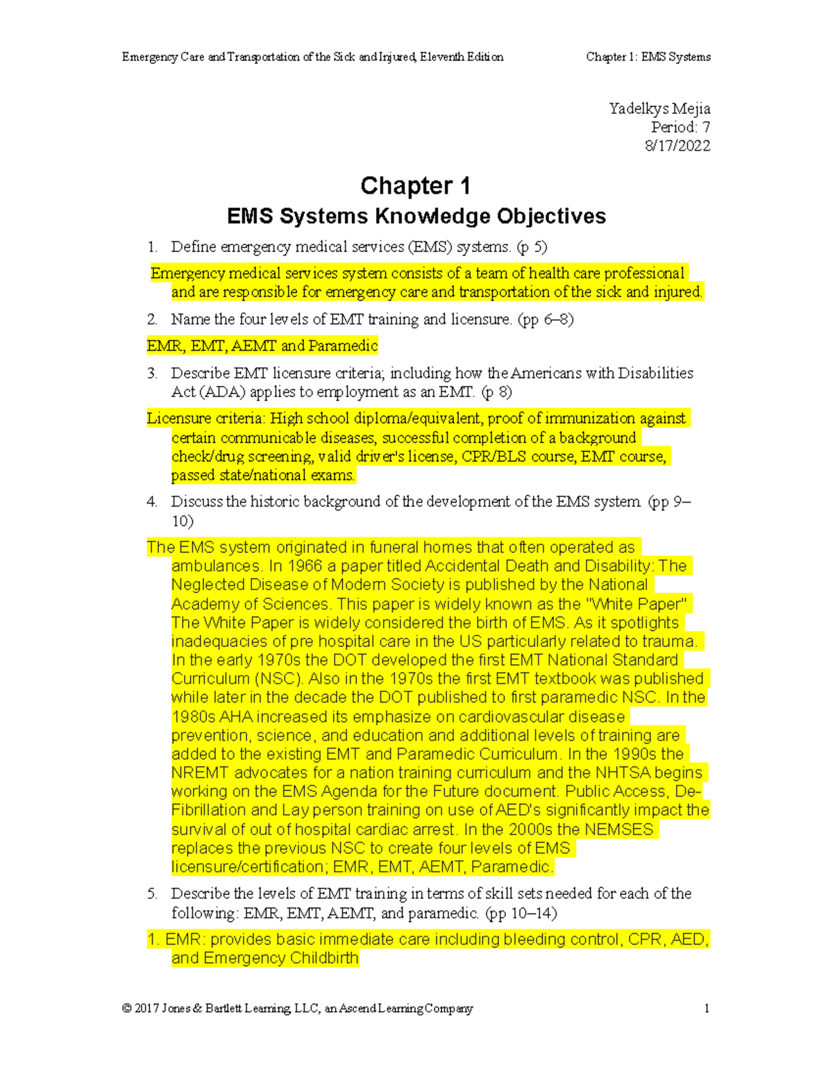 Chapter 1 Outline Answers Emergency Care And Transportation Of The Sick And Injured Eleventh Studocu