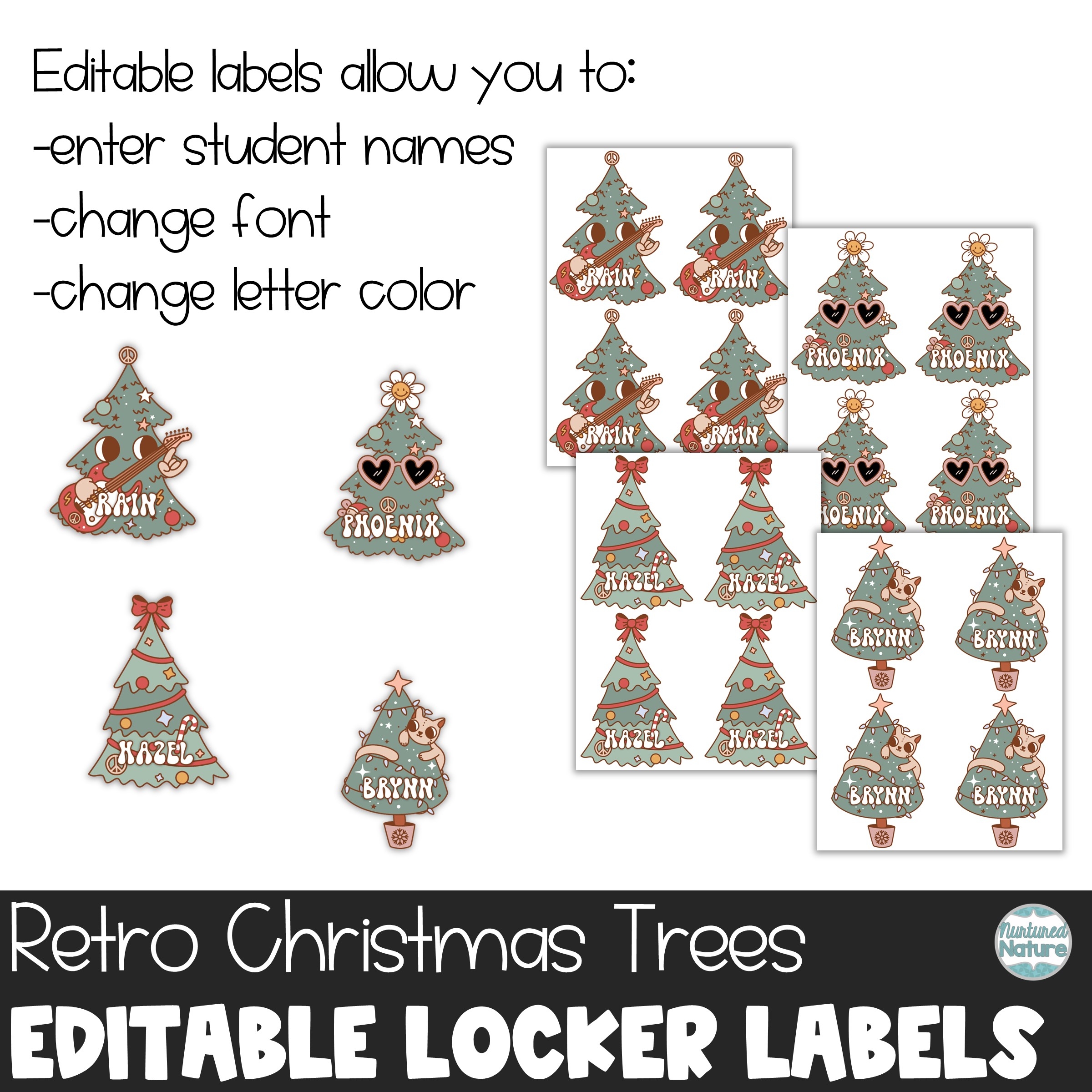 Christmas Name Tags Editable Locker Labels Or Cubby Tags Retro Trees Made By Teachers