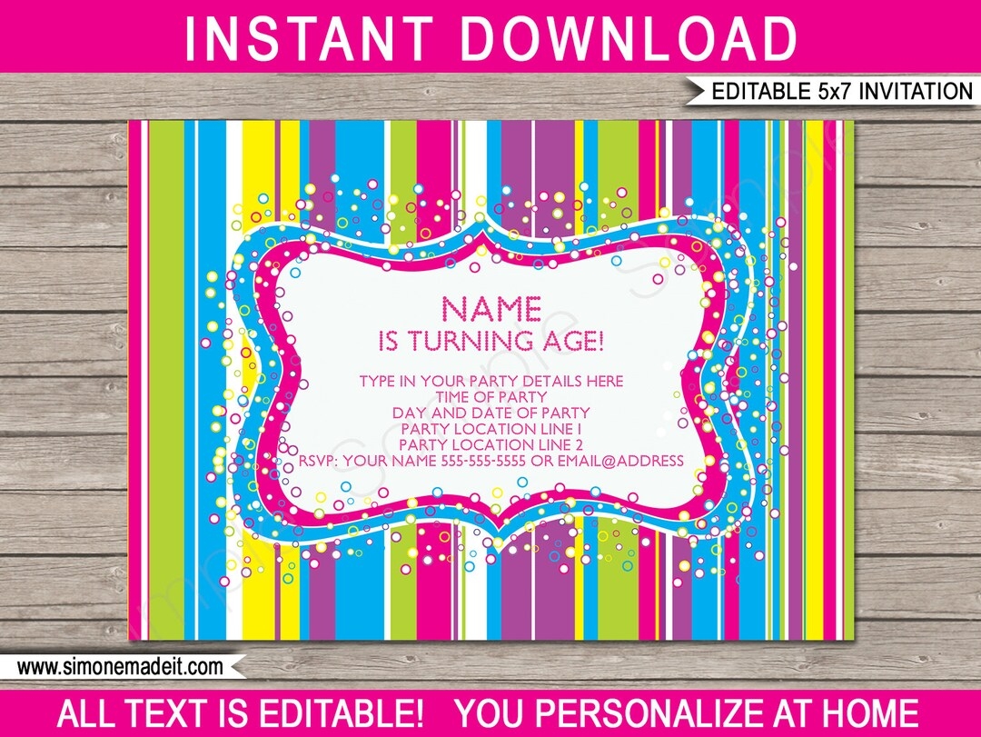 Colorful Invitation Template Printable Birthday Party Invite 5x7 Inch INSTANT DOWNLOAD With EDITABLE Text You Personalize Etsy