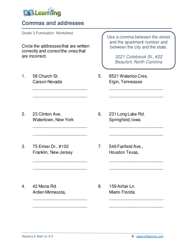 Commas In Addresses Worksheet Fill Online Printable Fillable Blank PdfFiller