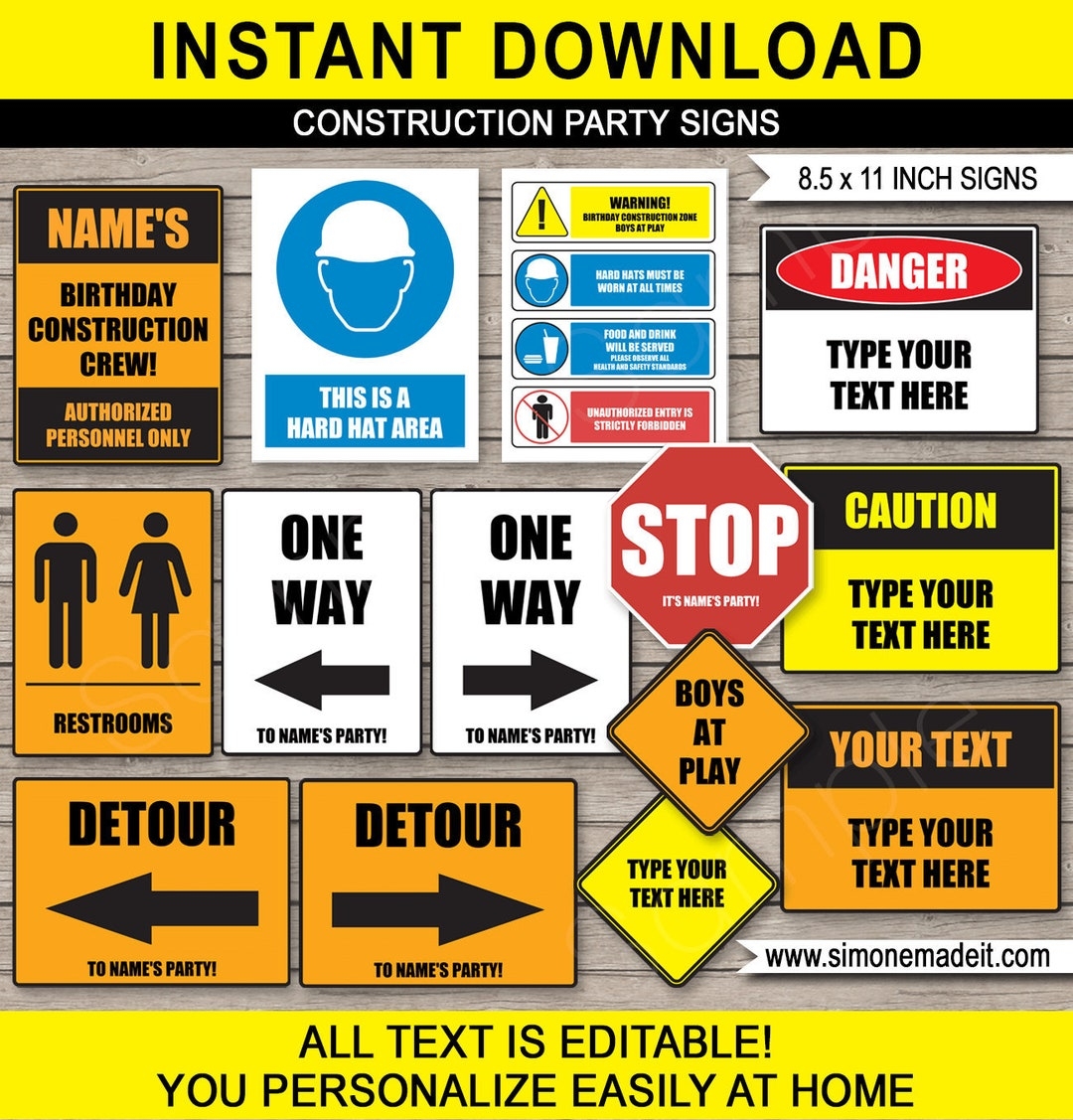 Construction Road Signs Birthday Party Decorations Printable Templates Caution Stop One Way EDITABLE TEXT DOWNLOAD 8 5x11 Inch A4 Etsy