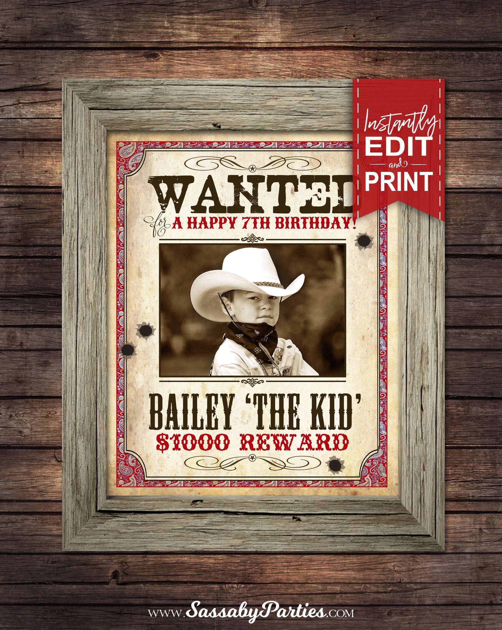 Cowboy WANTED Photo Poster INSTANT DOWNLOAD Partially Editable Printable Birthday Western Decorations Decor Poster Reward Picture Etsy